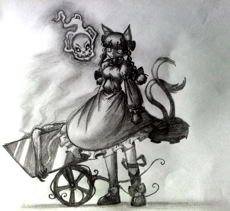 jogemu, kaenbyou rin, touhou, photo (medium), self-upload, 1girl, animal ears, braid, breasts, cat ears, cat girl, cat tail, corpse, dress, female focus, full body, gradient background, greyscale, monochrome, multiple tails, paper, solo, tail, twin braids, wheelbarrow, white background