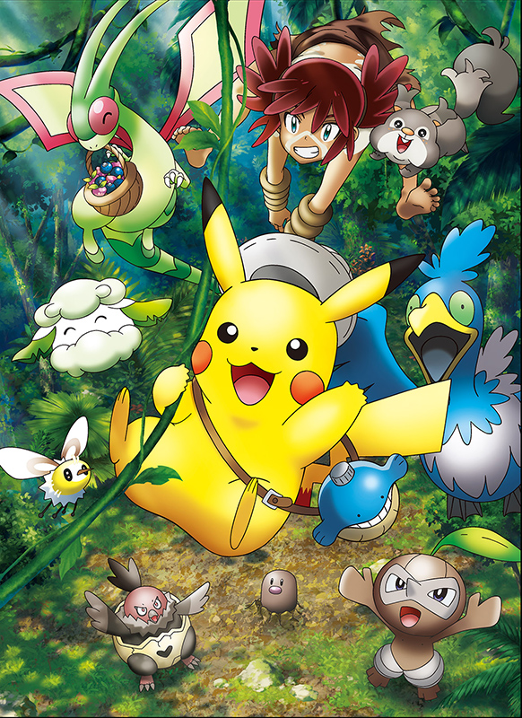 cottonee, cramorant, cutiefly, diglett, flygon, koko (pokemon), nuzleaf, pikachu, skwovet, vullaby, wailmer, nintendo, pokemon, pokemon (anime), pokemon the movie: secrets of the jungle, artist request, official art, promotional art, third-party source, 1boy, :3, aqua eyes, barefoot, basket, berry (pokemon), bird, bodypaint, brown loincloth, canteen, closed eyes, clothed pokemon, dark-skinned male, dark skin, facepaint, fern, flying, food, fruit, gen 1 pokemon, gen 3 pokemon, gen 5 pokemon, gen 7 pokemon, gen 8 pokemon, grass, hat, holding, holding basket, jungle, loincloth, medium hair, mouth hold, nature, nostrils, open mouth, oran berry, outdoors, pecha berry, plant, red hair, smile, teeth, topless male, tree, vines, white hat