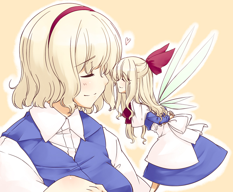 sakuraba yuuki, alice margatroid, shanghai doll, touhou, 2girls, blonde hair, doll, female focus, hairband, heart, long hair, multiple girls, short hair, wings