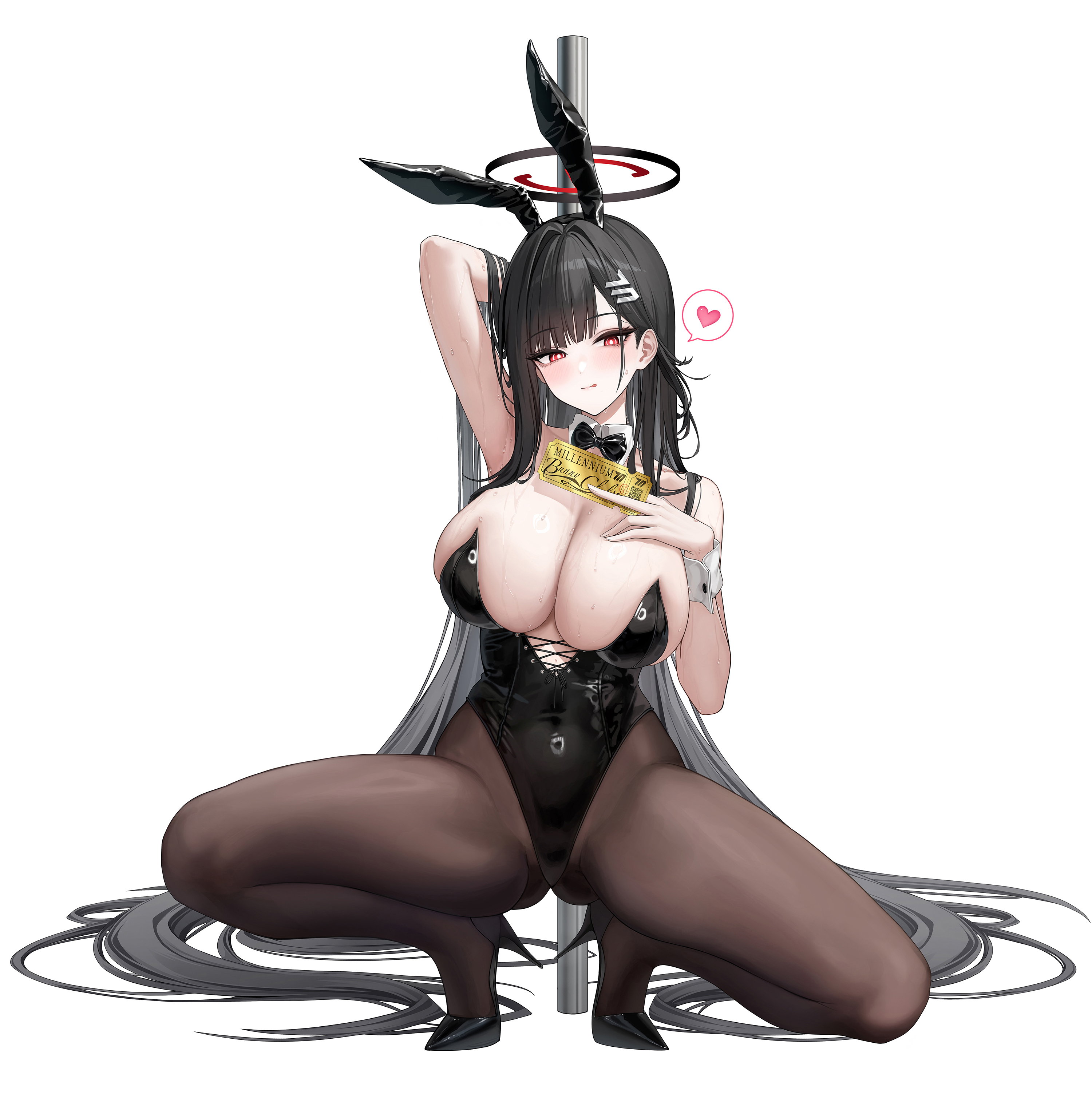 sab (sab2500), rio (blue archive), blue archive, absurdres, commentary, english commentary, highres, mixed-language commentary, 1girl, :q, alternate costume, animal ears, arm behind head, bare shoulders, black bow, black bowtie, black hair, black halo, black leotard, black pantyhose, black shoes, blush, bow, bowtie, breasts, bright pupils, cleavage, closed mouth, collar, collarbone, detached collar, fake animal ears, fingernails, full body, hair behind ear, hair spread out, halo, hand in own hair, heart, high heels, highleg, highleg leotard, holding, holding ticket, huge breasts, leotard, long hair, looking at viewer, multicolored halo, pantyhose, playboy bunny, pole, rabbit ears, red eyes, red halo, shoes, simple background, solo, speech bubble, spoken heart, squatting, strapless, strapless leotard, stripper pole, sweat, ticket, tongue, tongue out, two-tone halo, very long hair, very sweaty, wet, white background, white collar, white wrist cuffs, wrist cuffs