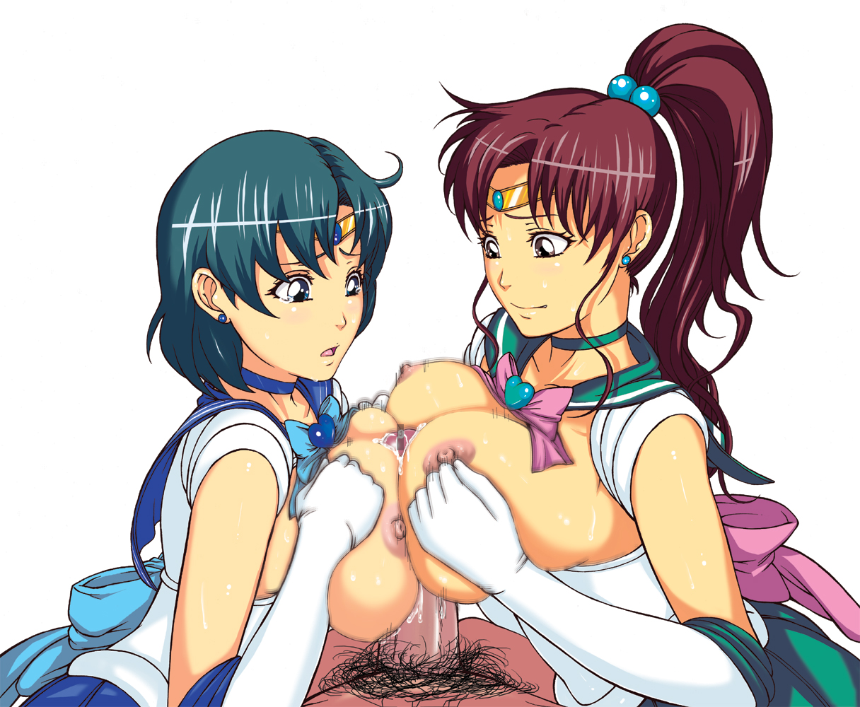akisu karasu, kino makoto, mizuno ami, sailor jupiter, sailor mercury, bishoujo senshi sailor moon, bad id, bad pixiv id, 1990s (style), 1boy, 2girls, blue hair, blue sailor collar, bow, breast press, breasts, brown hair, censored, choker, cooperative paizuri, cum, earrings, elbow gloves, gloves, green skirt, hair bobbles, hair ornament, high ponytail, huge breasts, inner senshi, jewelry, large breasts, magical girl, male pubic hair, motion blur, multiple girls, paizuri, penis, pink bow, ponytail, pov, pubic hair, retro artstyle, ribbon, sailor collar, short hair, skirt, teamwork, teamwork (sexual), tears, tiara, white gloves