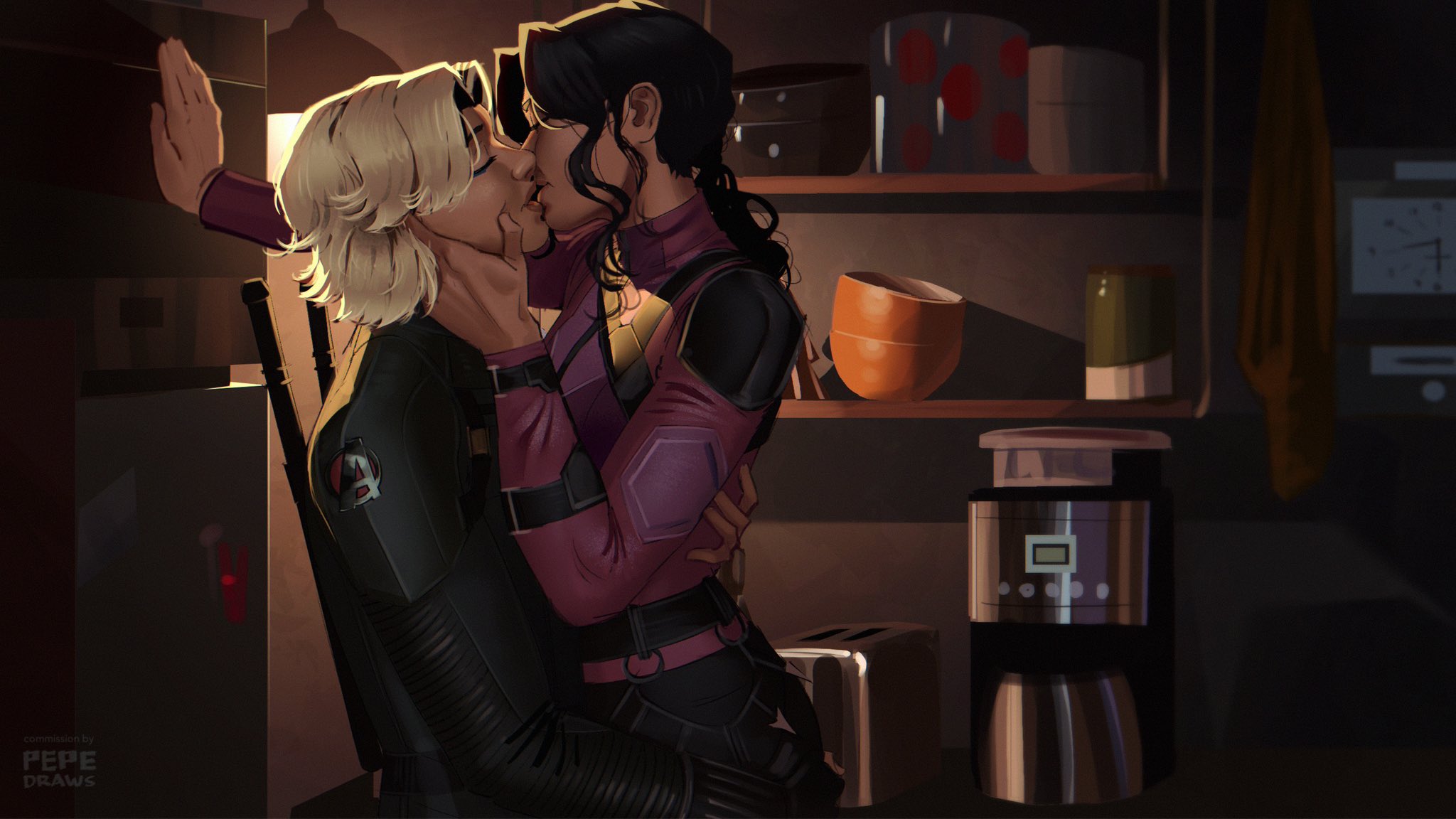 pepedraws, kate bishop, yelena belova, hawkeye (disney+), marvel, thunderbolts (movie), commentary, commission, english commentary, highres, 2girls, black gloves, black hair, black jacket, black pants, blonde hair, bowl, clock, closed eyes, coffee maker, couple, curly hair, fingerless gloves, gloves, hand on another's back, hand on another's cheek, hand on another's face, indoors, jacket, kiss, lifting person, low ponytail, multiple girls, pants, parted bangs, ponytail, profile, purple shirt, refrigerator, shelf, shirt, short hair, toaster, weapon, weapon on back, yuri