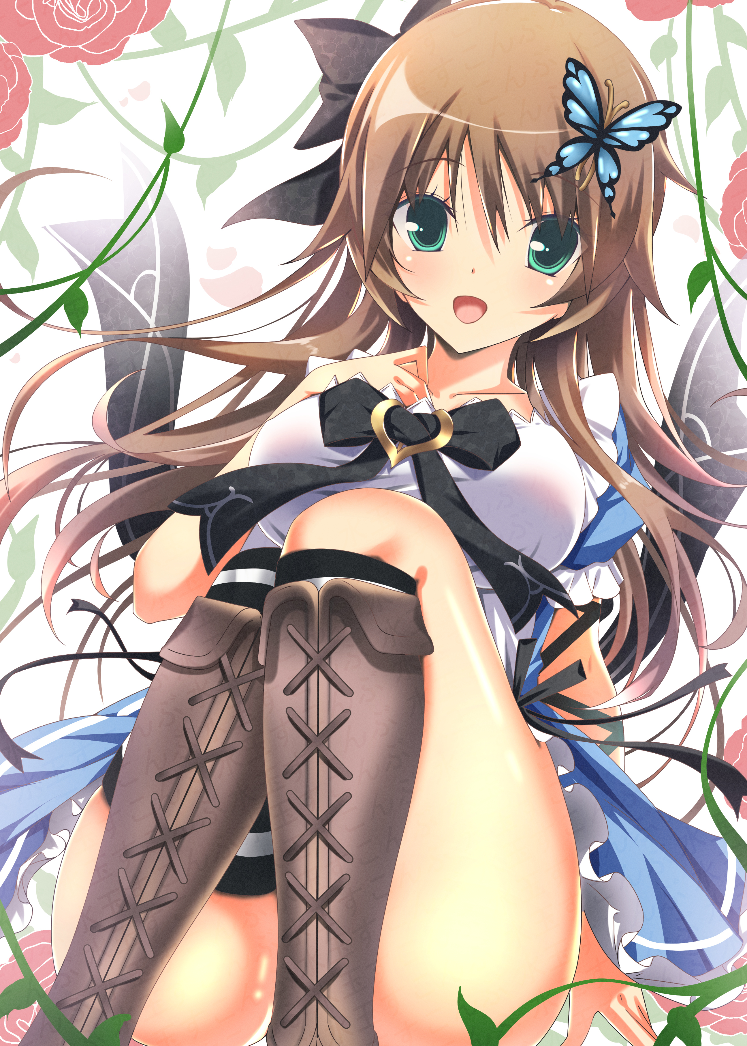sukonbu385, toriumi arisu, hapymaher, absurdres, commentary request, highres, 1girl, :d, aqua eyes, arm ribbon, black bow, black ribbon, blue dress, blush, boots, bow, breast suppress, breasts, brown boots, brown hair, butterfly hair ornament, collarbone, convenient leg, dress, dress bow, dutch angle, eyes visible through hair, feet out of frame, floating hair, floral background, flower, frilled dress, frilled sleeves, frills, hair between eyes, hair bow, hair ornament, hand up, knees together feet apart, lace-up boots, large breasts, long hair, long ribbon, looking at viewer, open mouth, puffy short sleeves, puffy sleeves, red flower, red rose, ribbon, rose, shiny skin, short sleeves, simple background, sitting, smile, solo, thighs, two-tone dress, very long hair, watermark, white background, white dress