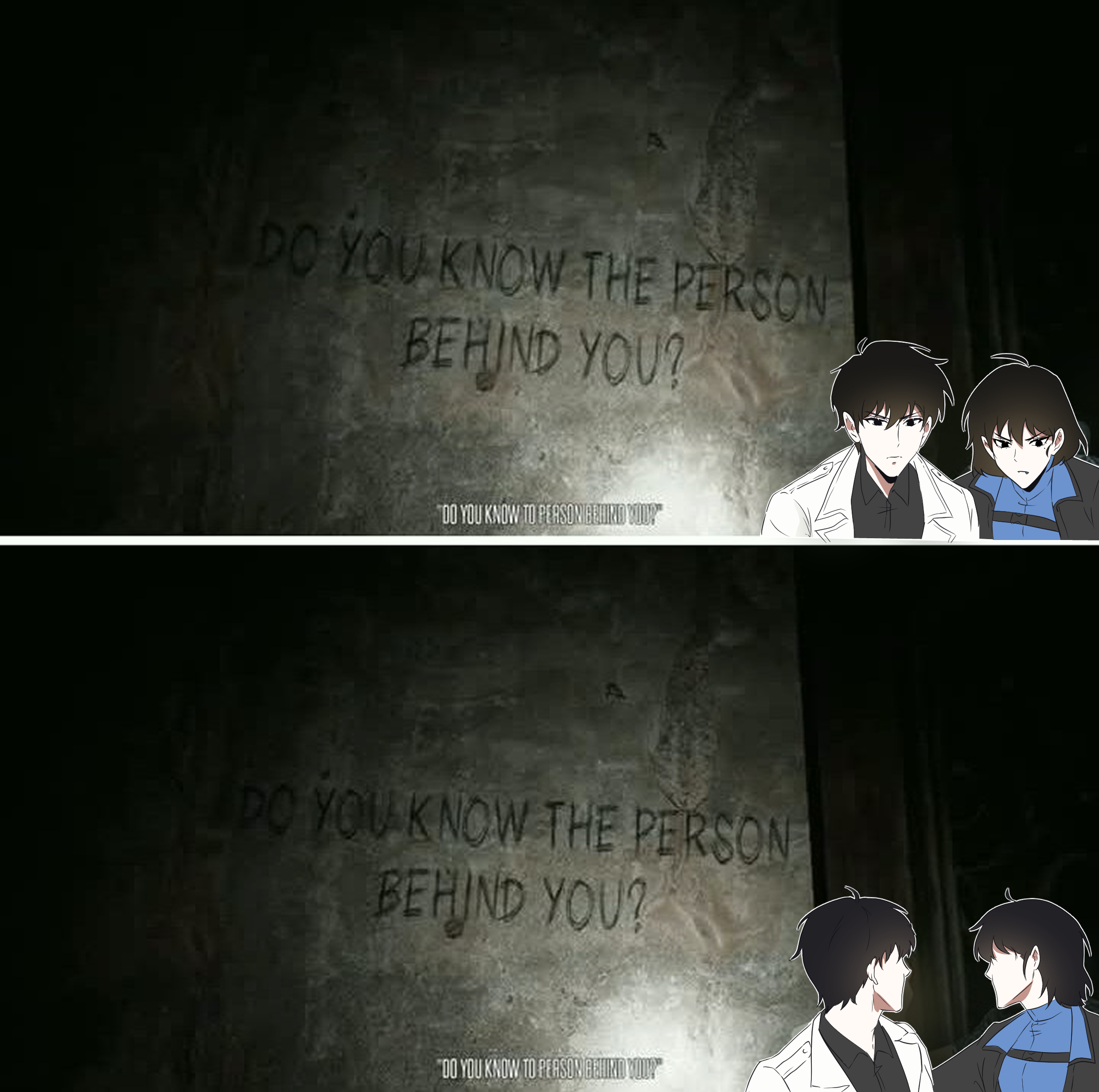 han sooyoung, kim dokja, omniscient reader's viewpoint, absurdres, hashtag-only commentary, highres, 1boy, 1girl, aurumu, black eyes, black hair, black jacket, black shirt, blue shirt, caption, coat, collared shirt, do you know the person behind you? (meme), facing viewer, game screenshot inset, jacket, looking back, meme, open clothes, open coat, portrait, serious, shirt, short hair, the lost fear, white coat