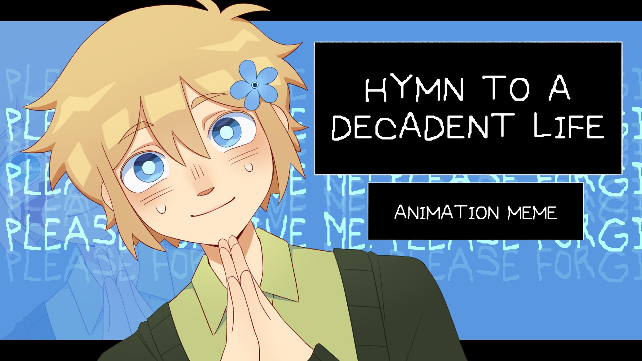 basil (faraway) (omori), basil (omori), omori, commentary, english commentary, highres, 1boy, alternate costume, antenna hair, blonde hair, blue background, blue eyes, blush, bright pupils, cardigan, closed mouth, collared shirt, dialogue box, double-parted bangs, english text, flower, green cardigan, green shirt, hair between eyes, hair flower, hair ornament, letterboxed, looking at viewer, male focus, shirt, short hair, sidelocks, simple background, solo, sweat, upper body, white pupils, zoewillowz