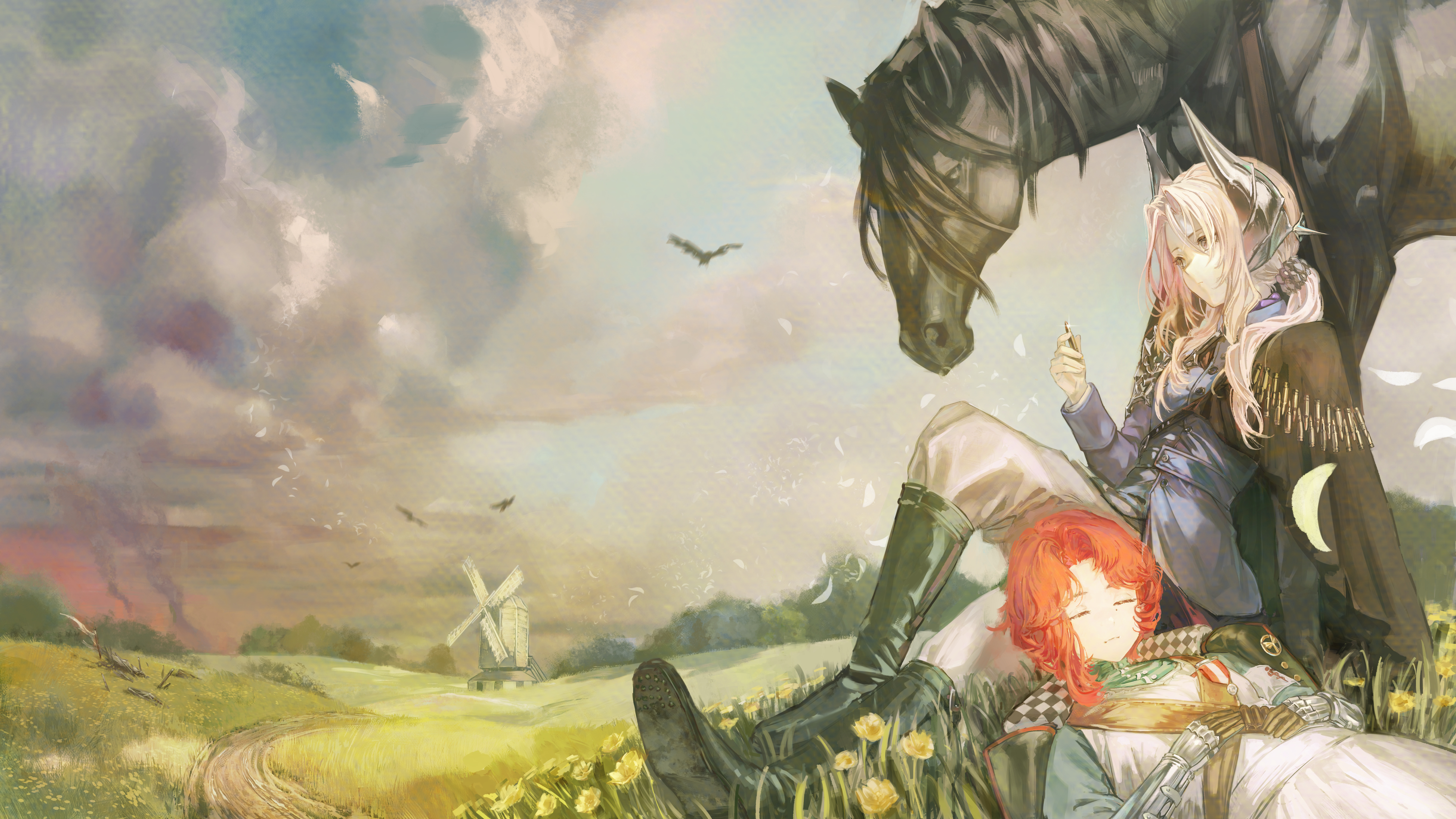 reverse:1999, absurdres, commentary request, highres, 19ji, 2girls, ammunition, arm support, armband, badge, black boots, black cape, black horse, black jacket, blue jacket, blue shirt, boots, bullet, cape, closed eyes, cloud, cloudy sky, coat, coat on shoulders, dress, flower, full body, gauntlets, green coat, grey eyes, grey hair, hair ornament, hands on own stomach, holding, holding bullet, horse, jacket, knee up, long hair, looking at object, low ponytail, lying, marsha (reverse:1999), military uniform, multiple girls, on grass, outdoors, pants, path, ponytail, red hair, rifle cartridge, road, rod of asclepius, sentinel (reverse:1999), shirt, short hair, side cape, simple bird, sitting, sky, sleeping, white armband, white dress, white pants, wide shot, windmill, yellow flower