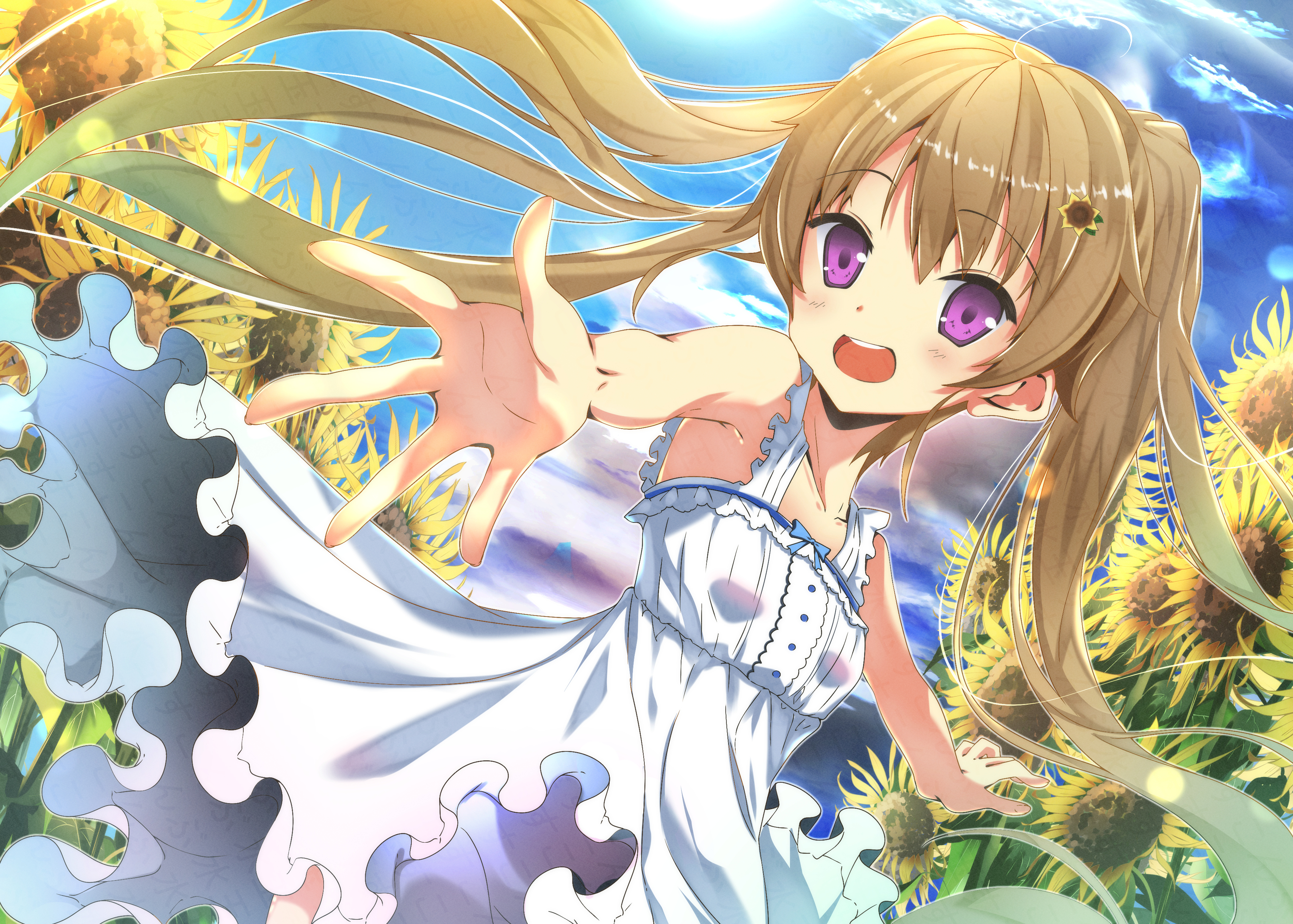 sukonbu385, arisaka mashiro, ao no kanata no four rhythm, absurdres, commentary request, highres, 1girl, ahoge, alternate costume, blue sky, blush, breasts, brown hair, cloud, collarbone, cowboy shot, day, dress, dutch angle, field, floating clothes, floating hair, flower, flower field, frilled dress, frills, hair flower, hair ornament, happy, long hair, looking at viewer, open mouth, outdoors, outline, outstretched arms, outstretched hand, purple eyes, reaching, reaching towards viewer, round teeth, sky, sleeveless, sleeveless dress, small breasts, smile, solo, sundress, sunflower, sunflower field, sunflower hair ornament, teeth, twintails, upper teeth only, very long hair, watermark, white dress, white outline