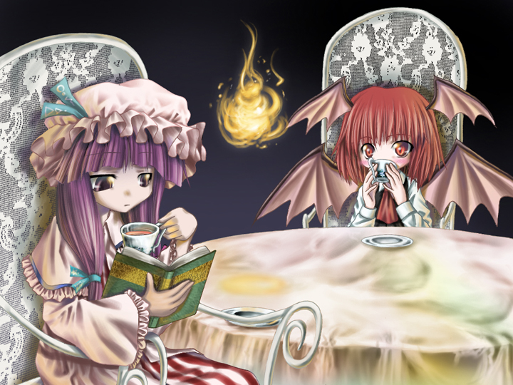 aozora market, koakuma, patchouli knowledge, embodiment of scarlet devil, touhou, duplicate, 2girls, blunt bangs, chair, demon girl, expressionless, female focus, fire, hat, head wings, looking at viewer, mob cap, multiple girls, reading, table, tablecloth, tea, upper body, wings