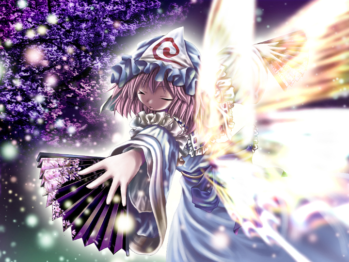 aozora market, saigyouji yuyuko, touhou, duplicate, 1girl, dress, female focus, gradient background, hat, pink hair, solo, wings