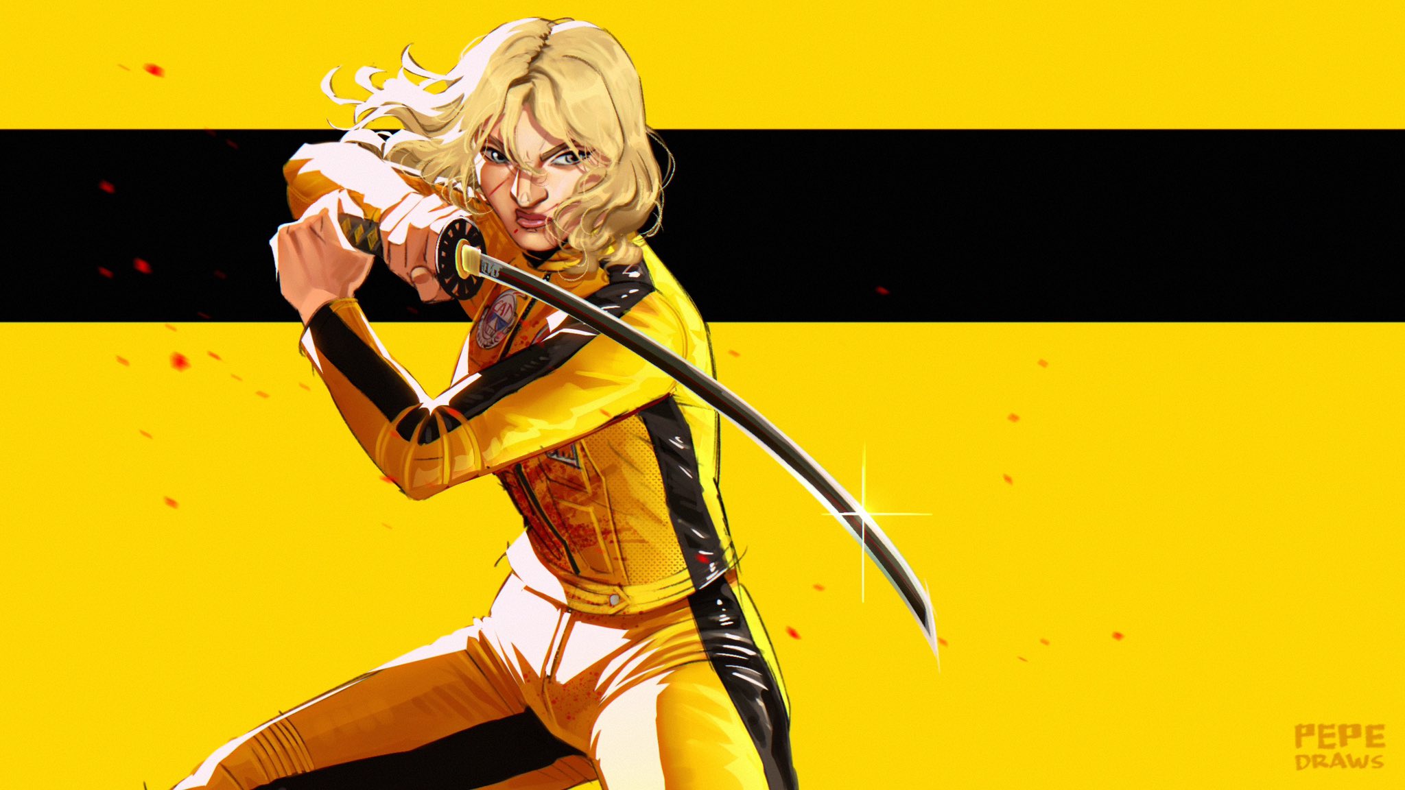 pepedraws, beatrix kiddo, kill bill, commentary, english commentary, highres, 1girl, black background, blonde hair, blood, blood on clothes, blood on face, bloody weapon, blue eyes, bruce lee's jumpsuit, cowboy shot, floating hair, holding, holding sword, holding weapon, jumpsuit, katana, looking to the side, medium hair, solo, sword, weapon, yellow background, yellow jumpsuit, yellow theme