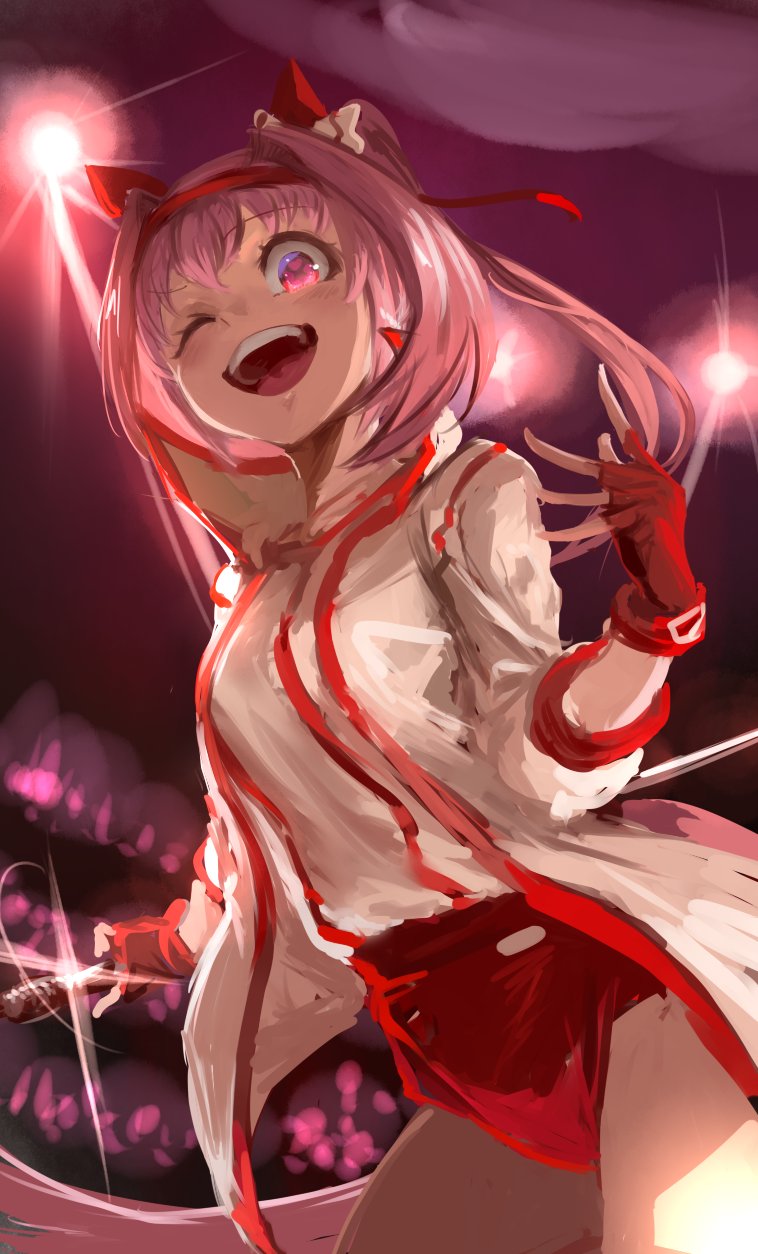 inishie kumo, haru urara (bestest prize) (umamusume), haru urara (umamusume), umamusume, commentary request, highres, 1girl, animal ears, bandaid, bandaid on leg, blush, bow, buruma, ear bow, ear covers, flower-shaped pupils, flower in eye, gloves, hairband, headband, horse ears, horse girl, horse tail, jacket, long hair, looking at viewer, open mouth, pink buruma, pink eyes, pink hair, pink headband, ponytail, red buruma, red gloves, red headband, shirt, smile, solo, symbol-shaped pupils, symbol in eye, tail