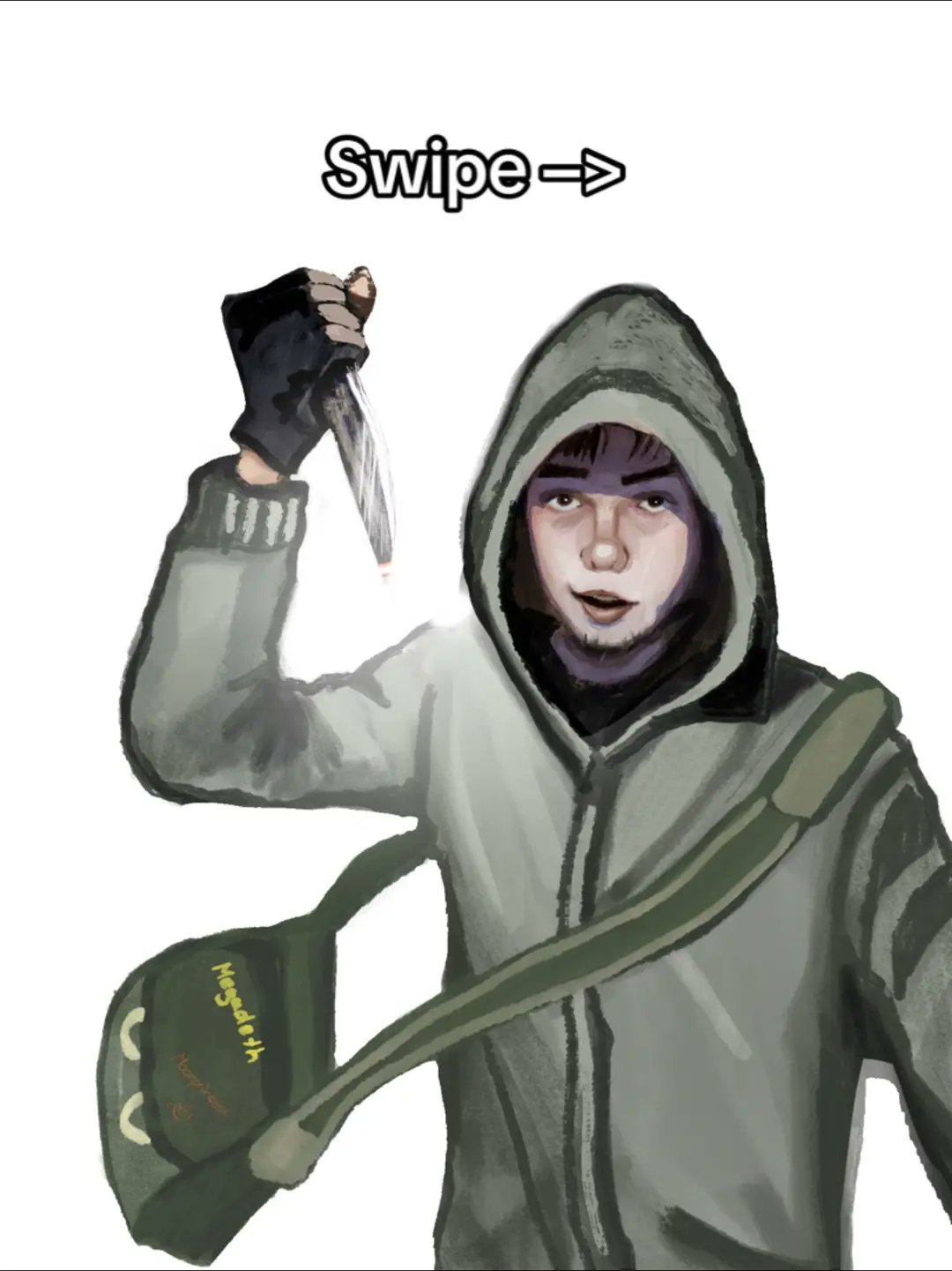 simon henriksson, cry of fear, commentary, english commentary, highres, 1boy, bag, black gloves, black hair, clenched hand, english text, facial hair, fingerless gloves, gloves, goatee stubble, grey hoodie, holding, holding knife, hood, hood up, hoodie, knife, looking at viewer, male focus, moonkitty08, partially shaded face, short hair, shoulder bag, solo, stubble