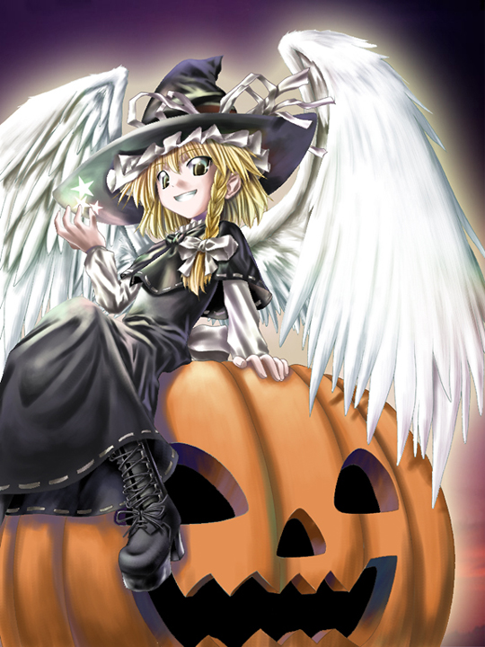 aozora market, kirisame marisa, kirisame marisa (seihou), seihou, shuusou gyoku, touhou, duplicate, 1girl, blonde hair, brown eyes, female focus, hat, pumpkin, short hair, smile, solo, wings, witch