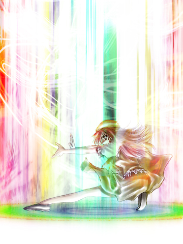 aozora market, hong meiling, immaterial and missing power, touhou, light, lowres, 1girl, battle, china dress, chinese clothes, dress, female focus, from side, full body, green dress, long hair, magic, outstretched arms, profile, puffy short sleeves, puffy sleeves, red hair, short sleeves, solo, spread legs, standing, very long hair