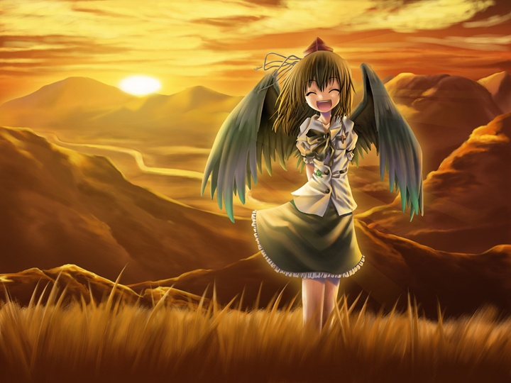 aozora market, shameimaru aya, touhou, duplicate, 1girl, closed eyes, female focus, hat, open mouth, smile, solo, wings