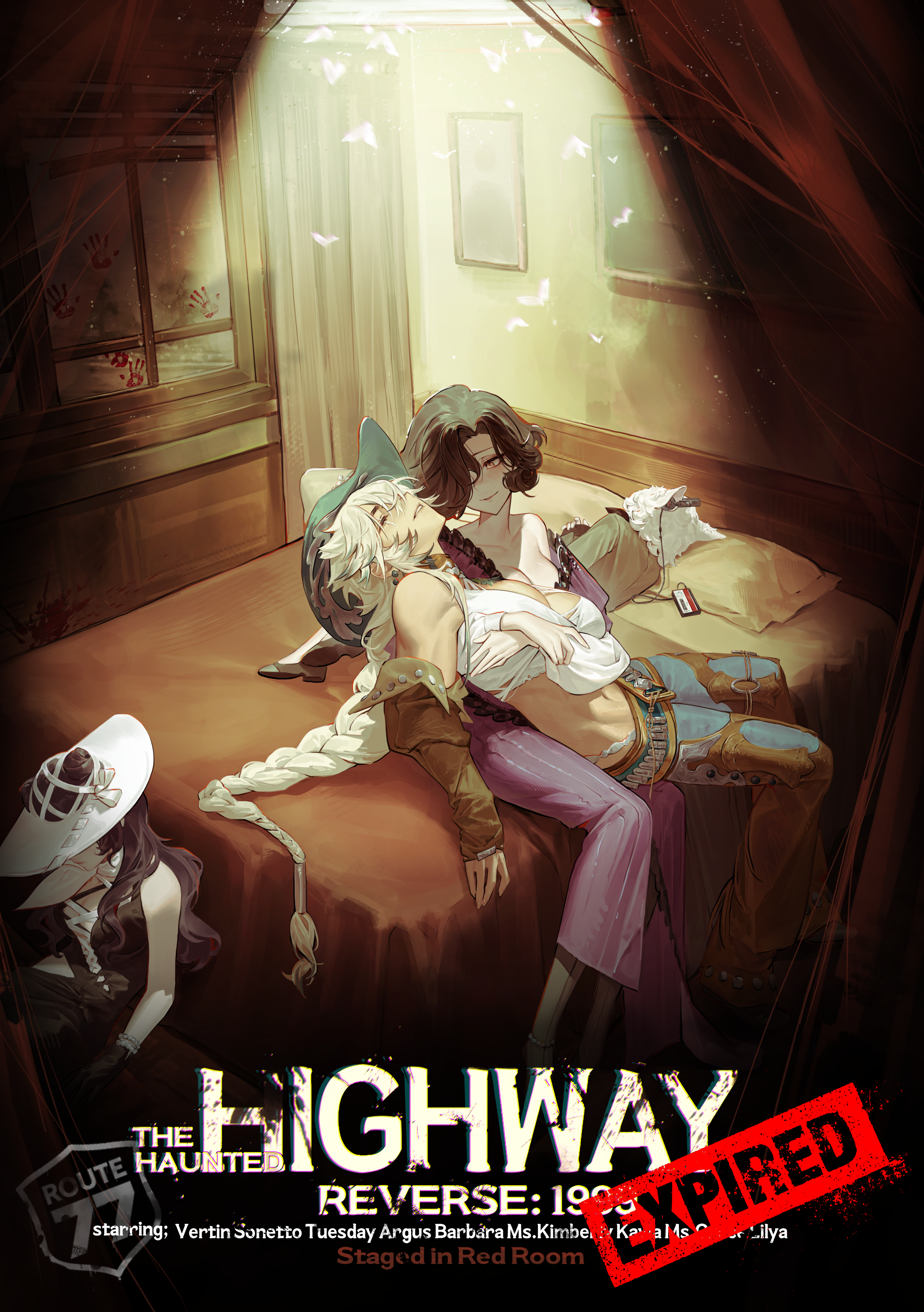 nell ro, anjo nala, argus (reverse:1999), barbara (reverse:1999), ms. kimberly (reverse:1999), tuesday (reverse:1999), reverse:1999, absurdres, commentary, english commentary, highres, 4girls, black dress, black hair, blue pants, breasts, brown gloves, cleavage, closed eyes, copyright name, cowboy hat, crop top, curtains, denim, dress, english text, gloves, green hat, hair between eyes, hair over one eye, hat, hug, indoors, jeans, loafers, long hair, lying, multiple girls, on bed, pants, purple dress, shirt, shoes, short hair, sitting, sleeping, sleeveless, sleeveless dress, smile, socks, spotlight, white hair, white hat, white shirt, white socks, yellow eyes