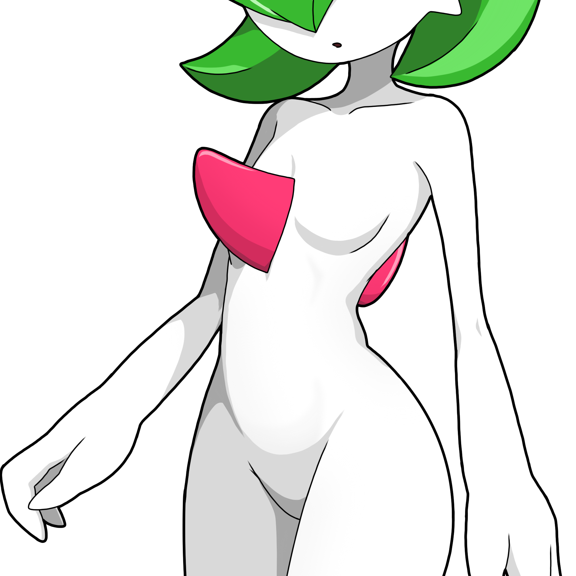 masterx, gardevoir, nintendo, pokemon, cropped, 1girl, arms at sides, bob cut, breasts, collarbone, colored skin, completely nude, cowboy shot, eyes out of frame, female focus, gen 3 pokemon, green hair, groin, head out of frame, no navel, no nipples, no pussy, nude, open mouth, pokemon (creature), short hair, simple background, small breasts, solo, standing, white background, white skin, white theme