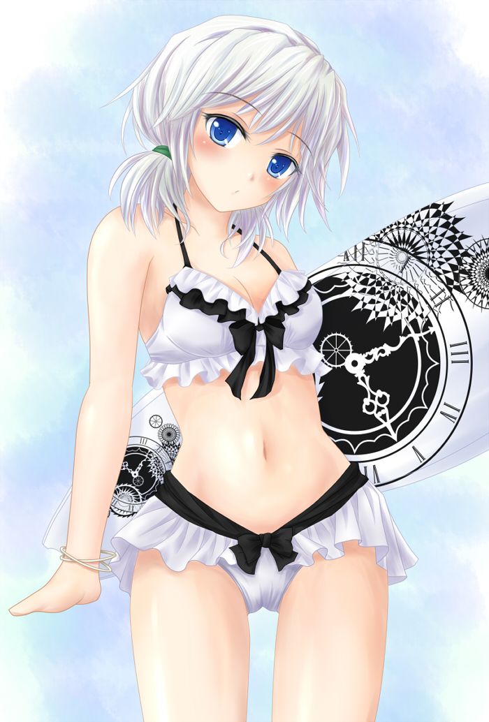 nekokotei, izayoi sakuya, touhou, silver hair, bad id, bad pixiv id, 1girl, alternate hairstyle, bikini, blue eyes, blush, breasts, cleavage, female focus, frilled bikini, frills, navel, short hair, solo, swimsuit, twintails