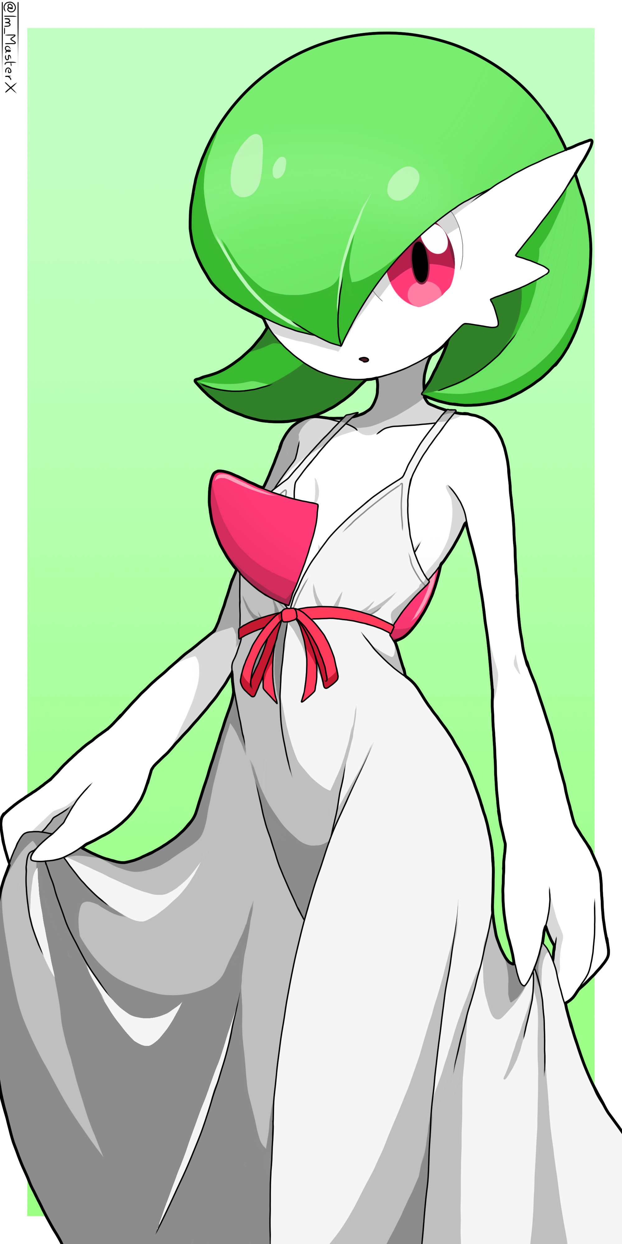 masterx, gardevoir, nintendo, pokemon, 1girl, arms at sides, artist name, bare shoulders, bob cut, border, clothed pokemon, collarbone, colored skin, dress, female focus, flat chest, gen 3 pokemon, green background, green hair, grey dress, hair over one eye, long dress, looking at viewer, one eye covered, open mouth, outside border, pokemon (creature), red eyes, red ribbon, ribbon, short hair, signature, simple background, sleeveless, sleeveless dress, solo, spaghetti strap, standing, twitter username, white border, white skin