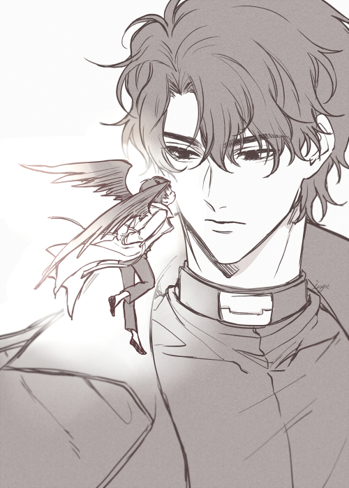 mikoyuki, kim dokja, yoo joonghyuk, omniscient reader's viewpoint, commentary, symbol-only commentary, 2boys, arms behind back, coat, curtained hair, demon horns, feathered wings, glowing, greyscale, high collar, horns, looking at another, male focus, mini person, miniboy, monochrome, multiple boys, official alternate costume, on shoulder, open clothes, open coat, popped collar, size difference, standing, standing on one leg, standing on shoulder, wings