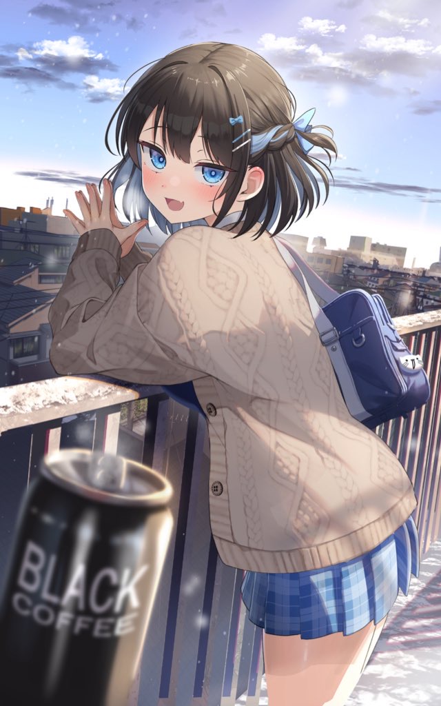 dodota, original, commentary request, 1girl, :d, against railing, black hair, blue bow, blue eyes, blue hair, blue skirt, blue sky, blush, bow, braid, brown cardigan, can, cardigan, city, cloud, coffee, day, from side, hair bow, hair ornament, hairclip, leaning forward, long sleeves, looking at viewer, looking to the side, miniskirt, multicolored hair, open cardigan, open clothes, open mouth, outdoors, own hands together, plaid clothes, plaid skirt, pleated skirt, pov, railing, short hair, skirt, sky, smile, solo, sunlight, two-tone hair, unbuttoned