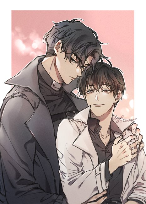 mikoyuki, kim dokja, yoo joonghyuk, omniscient reader's viewpoint, commentary, english commentary, 2boys, black coat, black eyes, black hair, black shirt, border, coat, collared shirt, finger touching, glaring, hand on another's shoulder, hand on another's waist, looking at viewer, male focus, multiple boys, open clothes, open coat, pink background, popped collar, possessive, shirt, simple background, white border, white coat, yaoi