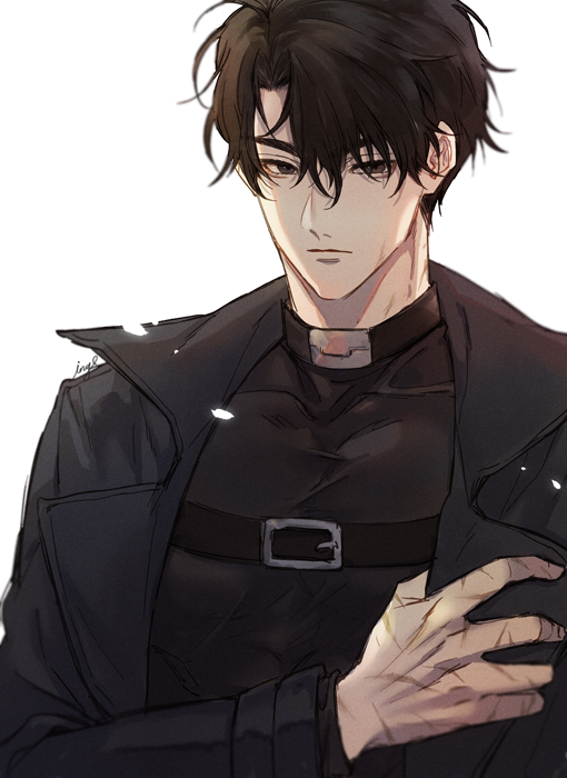 mikoyuki, yoo joonghyuk, omniscient reader's viewpoint, commentary request, 1boy, aegyo sal, black coat, black eyes, black hair, black shirt, chest belt, coat, expressionless, hand up, light particles, looking at viewer, male focus, multiple scars, open clothes, open coat, popped collar, scar, scar on face, scar on hand, shirt, short hair, solo