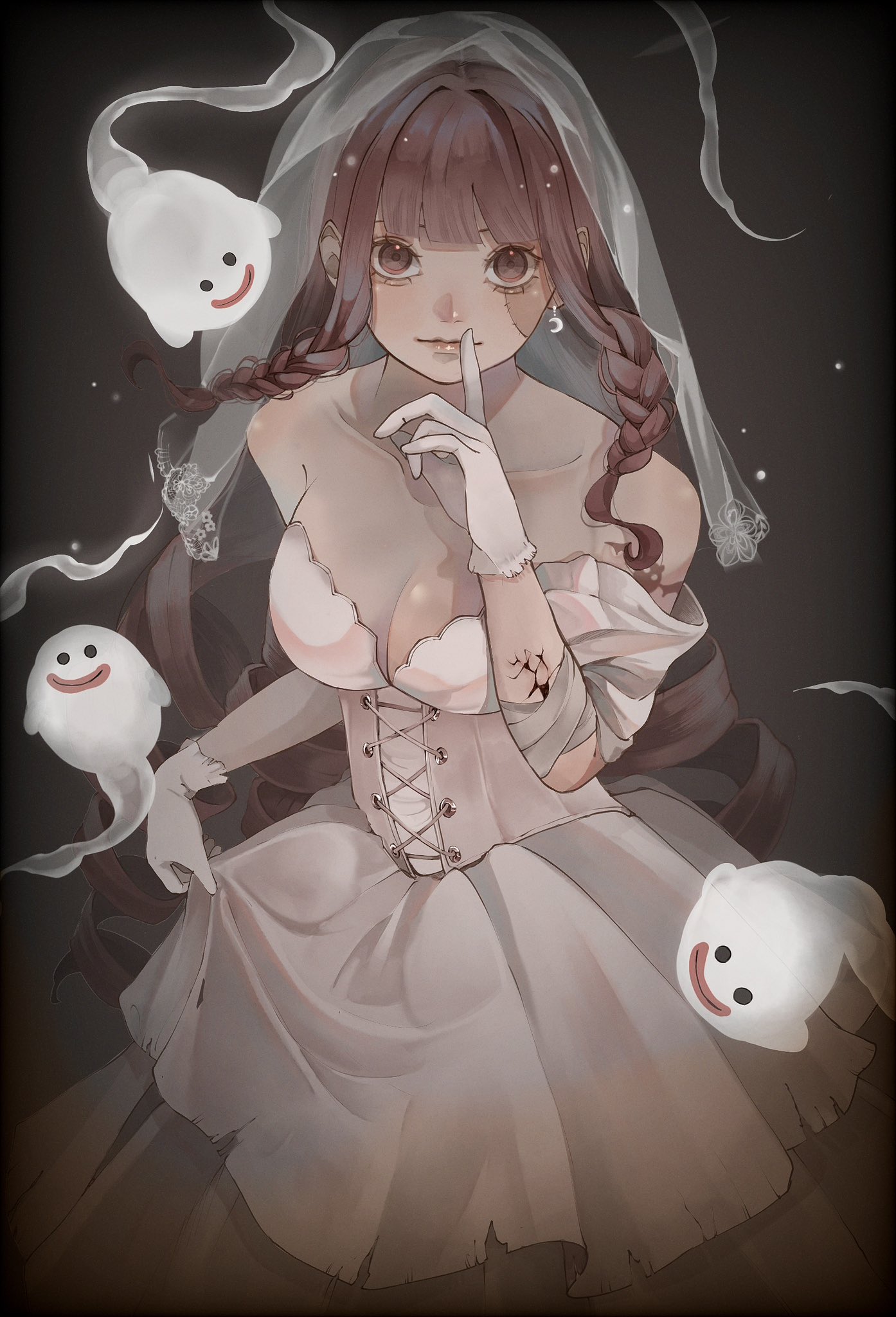 u mi031, perona, one piece, commentary, highres, 1girl, arm tattoo, bare shoulders, bat tattoo, blunt bangs, braid, braided sidelocks, breasts, cleavage, closed mouth, corset, cross-laced clothes, dress, drill hair, earrings, finger to mouth, ghost, gloves, jewelry, looking at viewer, pink eyes, pink hair, shushing, skirt hold, solo, tattoo, veil, white dress, white gloves