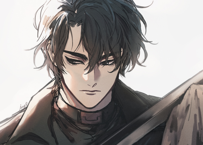 mikoyuki, yoo joonghyuk, omniscient reader's viewpoint, hashtag-only commentary, 1boy, black coat, black hair, coat, curtained hair, hair between eyes, head tilt, high collar, holding, holding sword, holding weapon, looking to the side, male focus, narrowed eyes, open clothes, open coat, polishing, popped collar, short hair, sidelighting, solo, sword, upper body, weapon