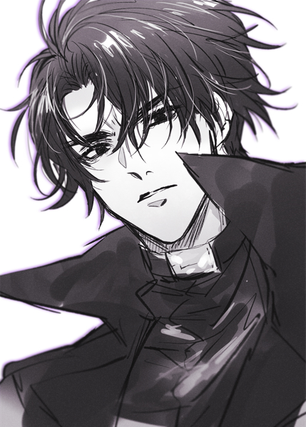 mikoyuki, yoo joonghyuk, omniscient reader's viewpoint, hashtag-only commentary, 1boy, black coat, black hair, black shirt, coat, curtained hair, furrowed brow, hair between eyes, looking at viewer, open clothes, open coat, parted lips, popped collar, shirt, short hair, solo, upper body