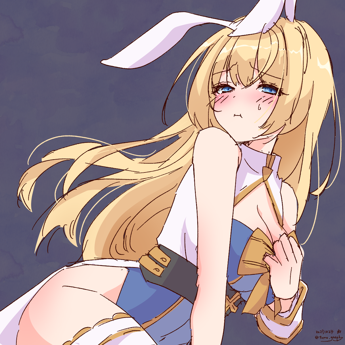 sakuraji tomoka, arch bishop (ragnarok online), ragnarok masters, ragnarok online, commentary request, highres, 1girl, adapted costume, animal ears, black sash, blonde hair, blue eyes, blue leotard, blush, breasts, cleavage, closed mouth, cowboy shot, dated, fake animal ears, grey background, large breasts, leotard, long hair, looking at viewer, playboy bunny, rabbit ears, sash, simple background, solo, white leotard