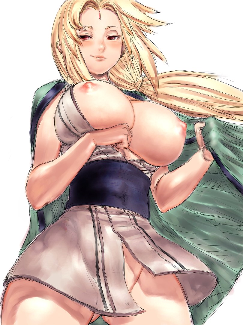 fumio (rsqkr), tsunade (naruto), naruto (classic), naruto (series), 1girl, blonde hair, blush, bottomless, breasts, brown eyes, cleavage, curvy, drunk, female focus, huge breasts, large breasts, long hair, mature female, nipples, no panties, open clothes, open shirt, red eyes, shirt, sketch, smile, solo