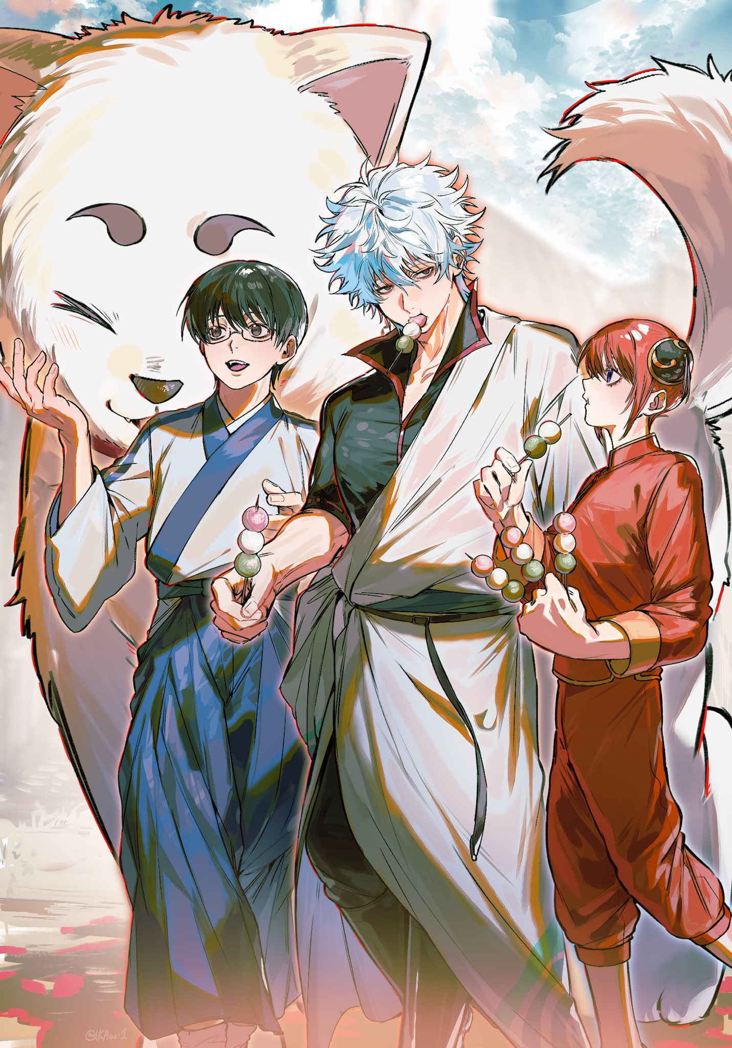 ikaooi1, kagura (gintama), sadaharu, sakata gintoki, shimura shinpachi, gintama, commentary, highres, symbol-only commentary, 1girl, 2boys, animal, black hair, black shirt, blue hakama, chinese clothes, closed eyes, eating, food, hair between eyes, hakama, hand up, holding, holding food, japanese clothes, kimono, messy hair, multiple boys, open mouth, oversized animal, profile, red hair, shirt, short hair, smile, spiked hair, teeth, upper teeth only, white kimono