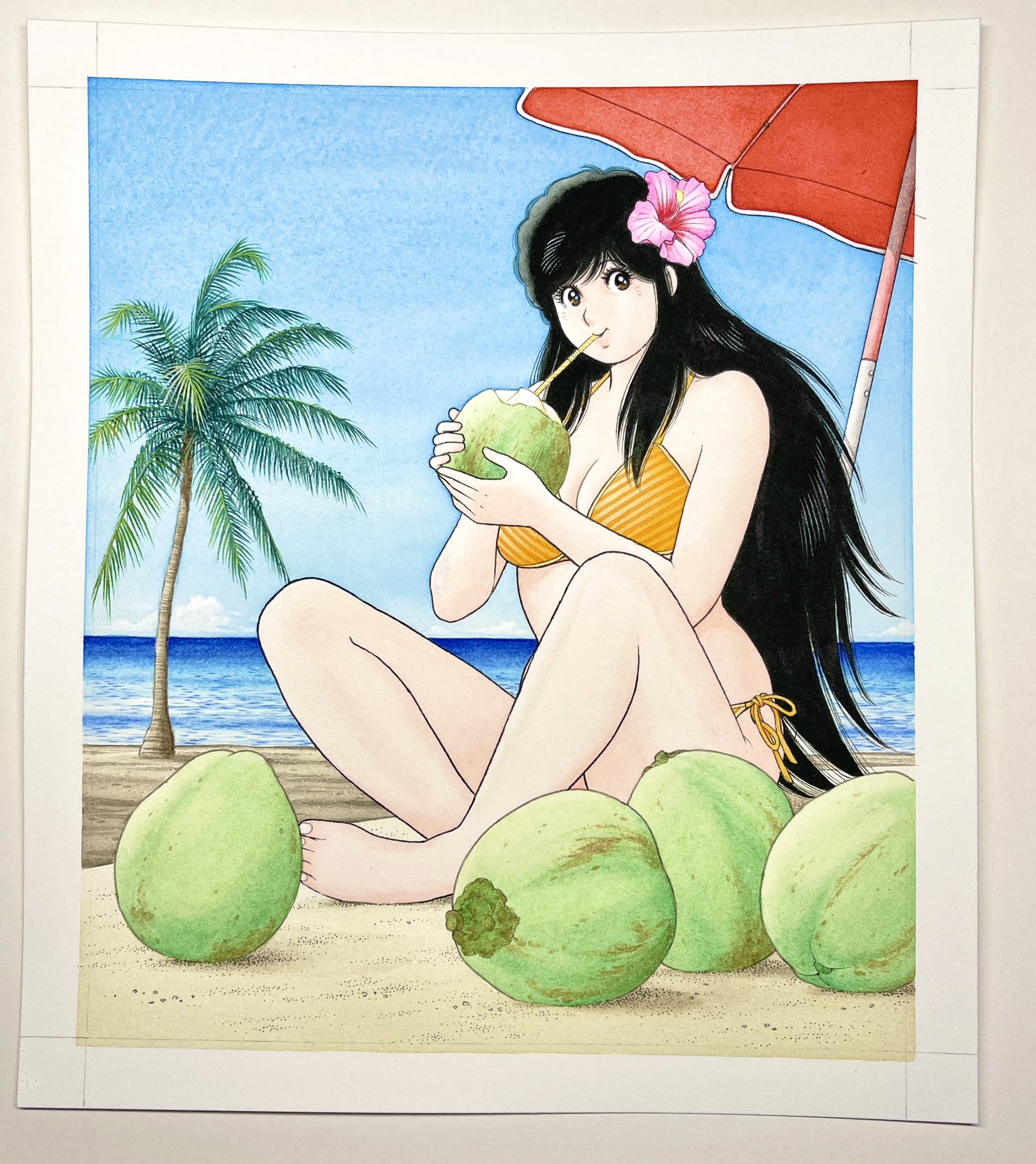 miura mitsuru, asaoka natsumi, the kabocha wine, commentary request, highres, traditional media, 1girl, bare legs, barefoot, beach, bikini, black hair, blue sky, border, breasts, brown eyes, cleavage, closed mouth, coconut, coconut cup, drinking straw, drinking straw in mouth, feet, flower, food, fruit, full body, hair flower, hair ornament, hands up, hibiscus, holding, holding food, holding fruit, horizon, indian style, large breasts, long hair, looking at viewer, ocean, official artist extra, on ground, outdoors, palm tree, parasol, pink flower, side-tie bikini bottom, sitting, sky, smile, solo, striped bikini, striped clothes, swimsuit, tree, umbrella, very long hair, white border, yellow bikini