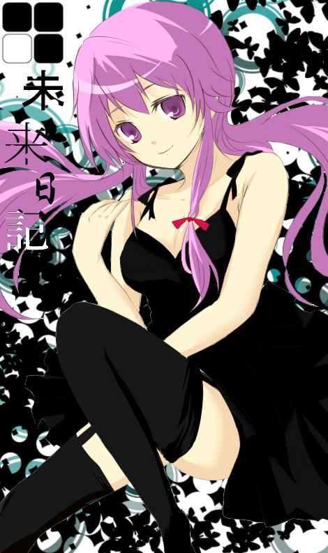 getete, mochi (getemono), gasai yuno, mirai nikki, bare shoulders, black dress, dress, logo, pink eyes, pink hair, solo, thighhighs, zettai ryouiki