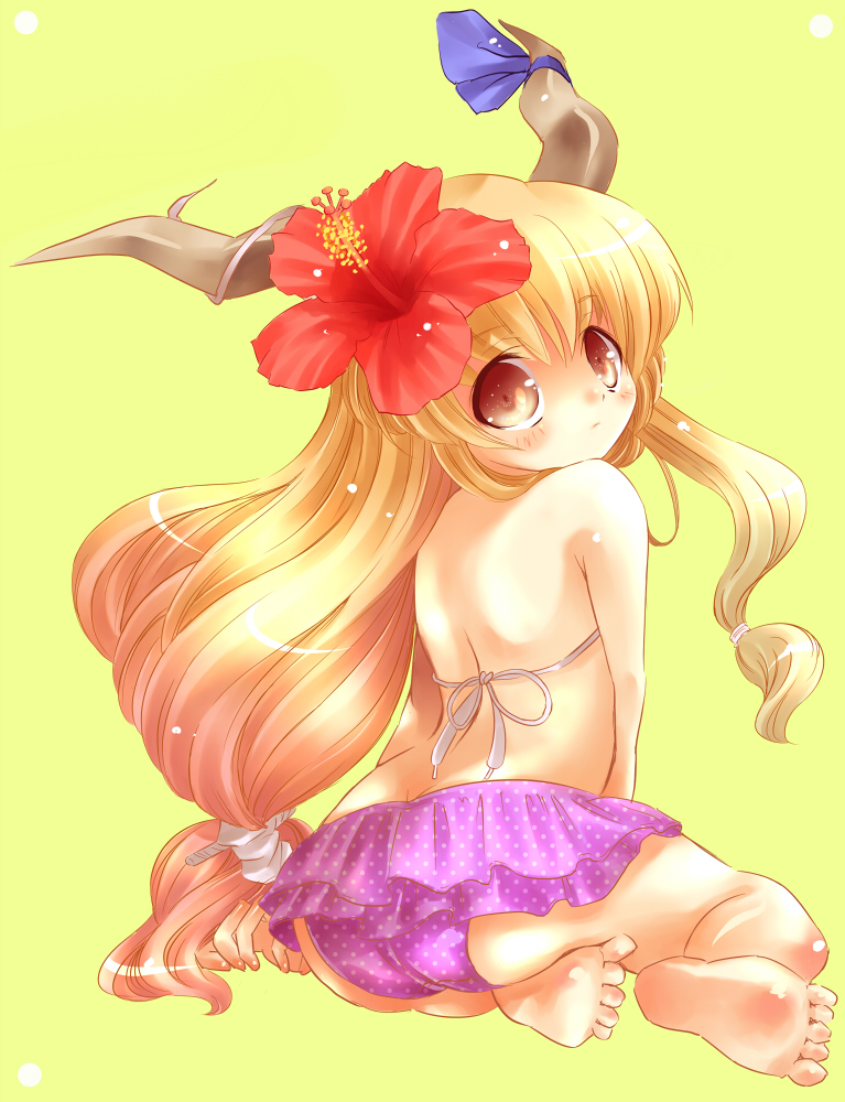 taoru, tarow, ibuki suika, touhou, bad id, bad pixiv id, 1girl, artistic error, barefoot, bikini, bikini skirt, blonde hair, body blush, child, expressionless, feet, female focus, flower, from behind, full body, hair flower, hair ornament, hibiscus, horns, long hair, looking at viewer, looking back, low-tied long hair, polka dot, polka dot bikini, polka dot swimsuit, purple bikini, simple background, solo, swimsuit, yellow background, yellow eyes