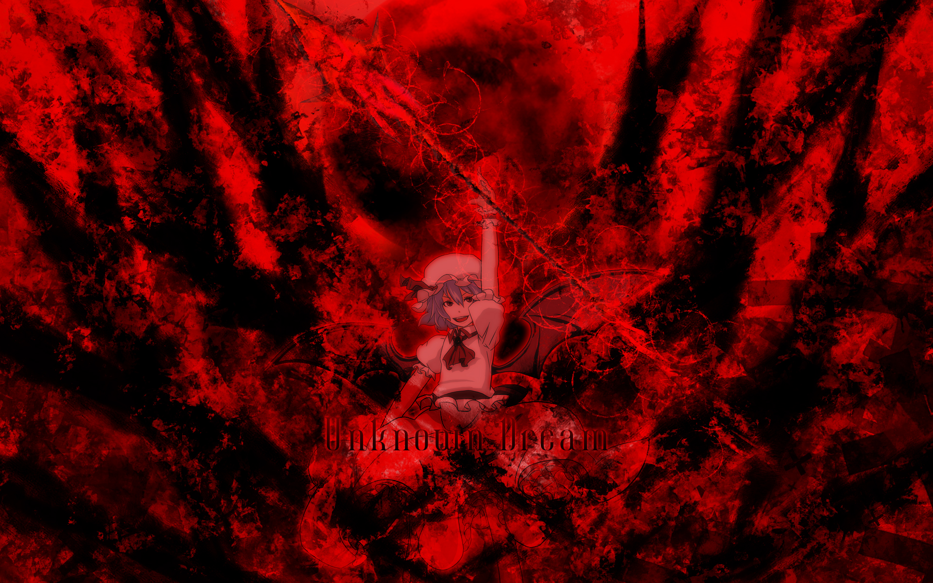 iimo, remilia scarlet, touhou, highres, 1girl, bat wings, female focus, hat, purple hair, red eyes, red theme, short hair, solo, wings