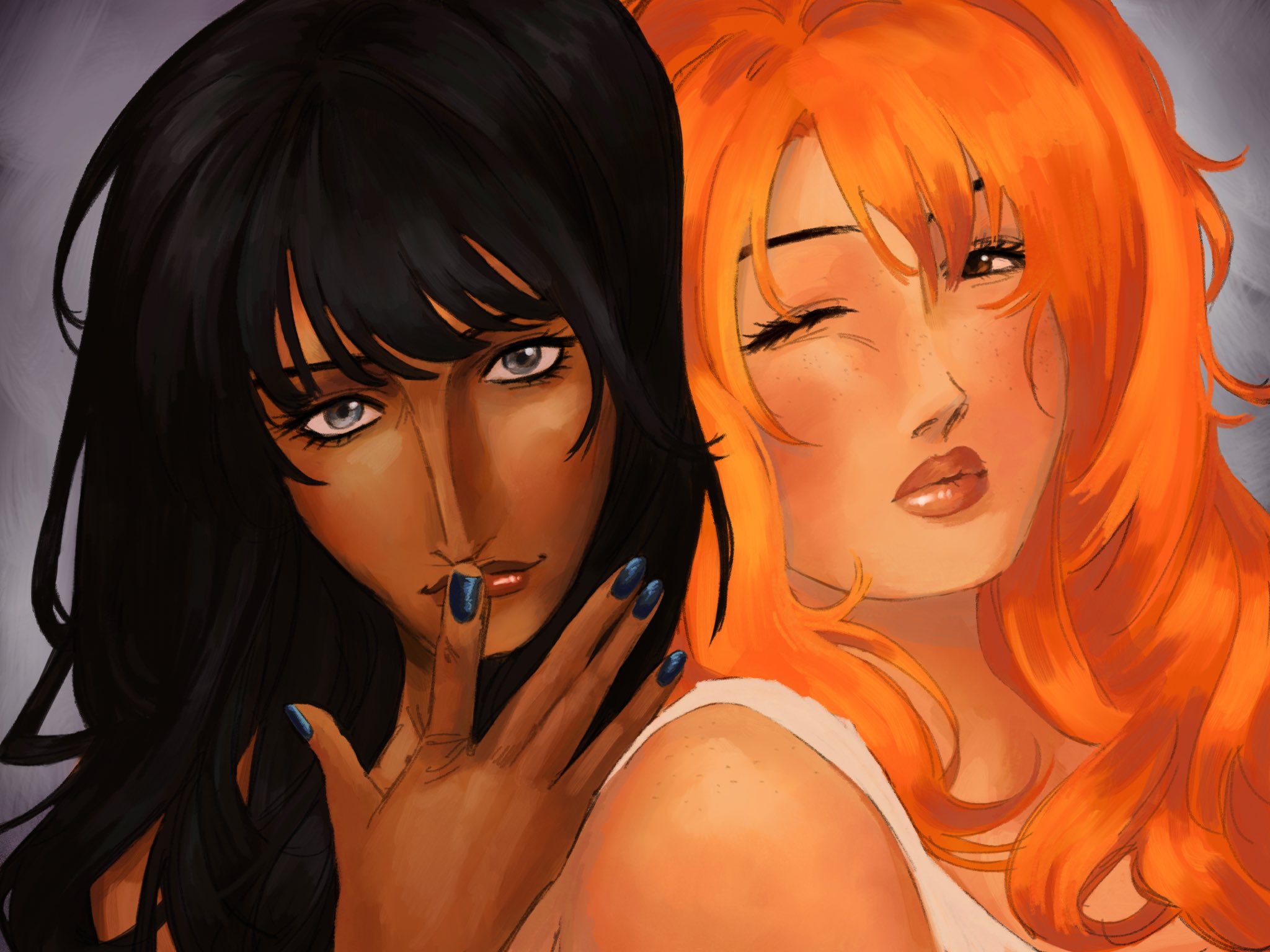 nami (one piece), nico robin, one piece, commentary, hashtag-only commentary, highres, symbol-only commentary, 2girls, black hair, blue eyes, blue nails, blunt bangs, close-up, closed mouth, eyelashes, finger to mouth, freckles, long hair, looking at viewer, makeup, mascara, multiple girls, one eye closed, orange hair, pi nque