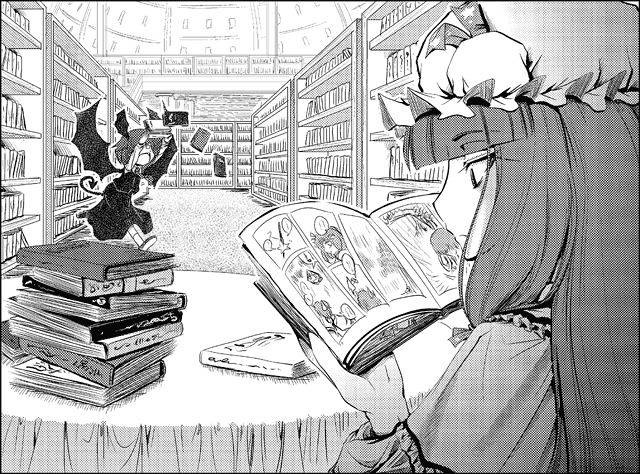 aozora market, koakuma, patchouli knowledge, embodiment of scarlet devil, touhou, 2girls, blunt bangs, book, falling, female focus, greyscale, hat, head wings, library, manga (object), monochrome, multiple girls, open book, perspective, reading, voile, wings