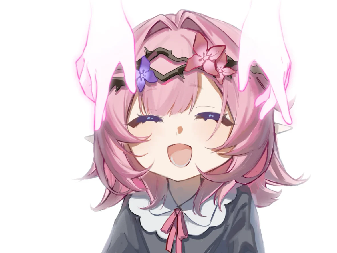 seawave02974, elysia (honkai impact), honkai (series), honkai impact 3rd, 1girl, 1other, aged down, black dress, crown of thorns, dress, elf, hair intakes, open mouth, pink hair, pointy ears, short hair, simple background, solo, white background