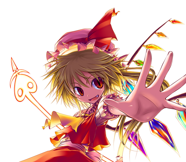 aozora market, flandre scarlet, touhou, 1girl, blonde hair, fang, female focus, hat, laevatein, outstretched arm, outstretched hand, reaching, red eyes, side ponytail, solo, wings