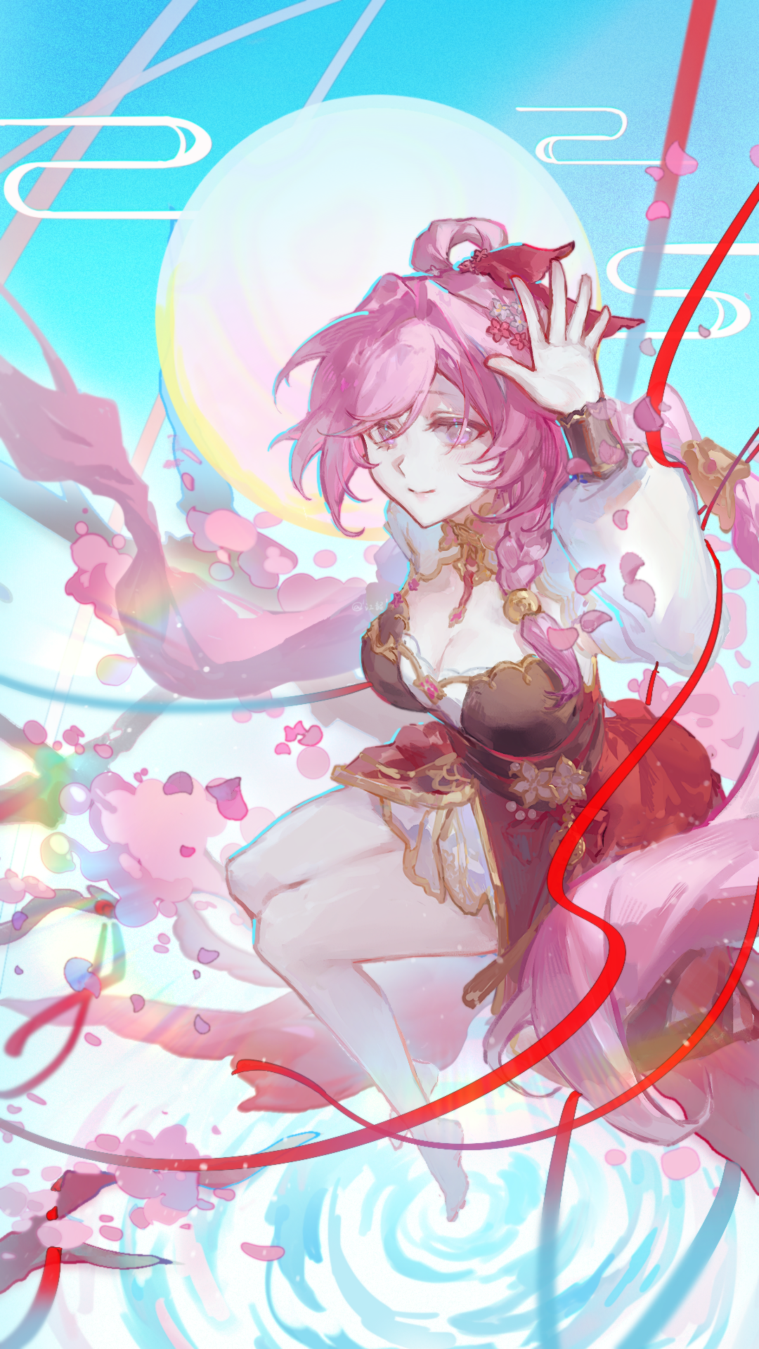 seawave02974, elysia (herrscher of human: ego) (honkai impact), elysia (honkai impact), elysia (peachy spring) (honkai impact), honkai (series), honkai impact 3rd, highres, 1girl, barefoot, breasts, cherry blossoms, cleavage, dress, falling petals, feet, flower, hair flower, hair ornament, large breasts, long hair, long sleeves, official alternate costume, petals, pink hair, puffy long sleeves, puffy sleeves, purple eyes, red dress, smile, solo, very long hair, water