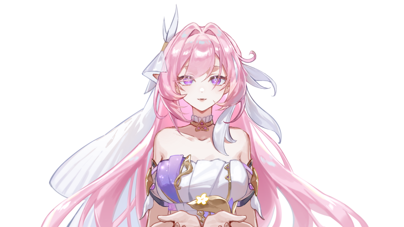 seawave02974, elysia (herrscher of human: ego) (honkai impact), elysia (honkai impact), honkai (series), honkai impact 3rd, highres, procreate (medium), 1girl, bare shoulders, breasts, corset, diamond-shaped pupils, diamond (shape), large breasts, long hair, looking at viewer, multicolored hair, pink hair, purple eyes, simple background, solo, symbol-shaped pupils, triquetra, two-tone hair, veil, very long hair, white background, white corset, white hair, white veil