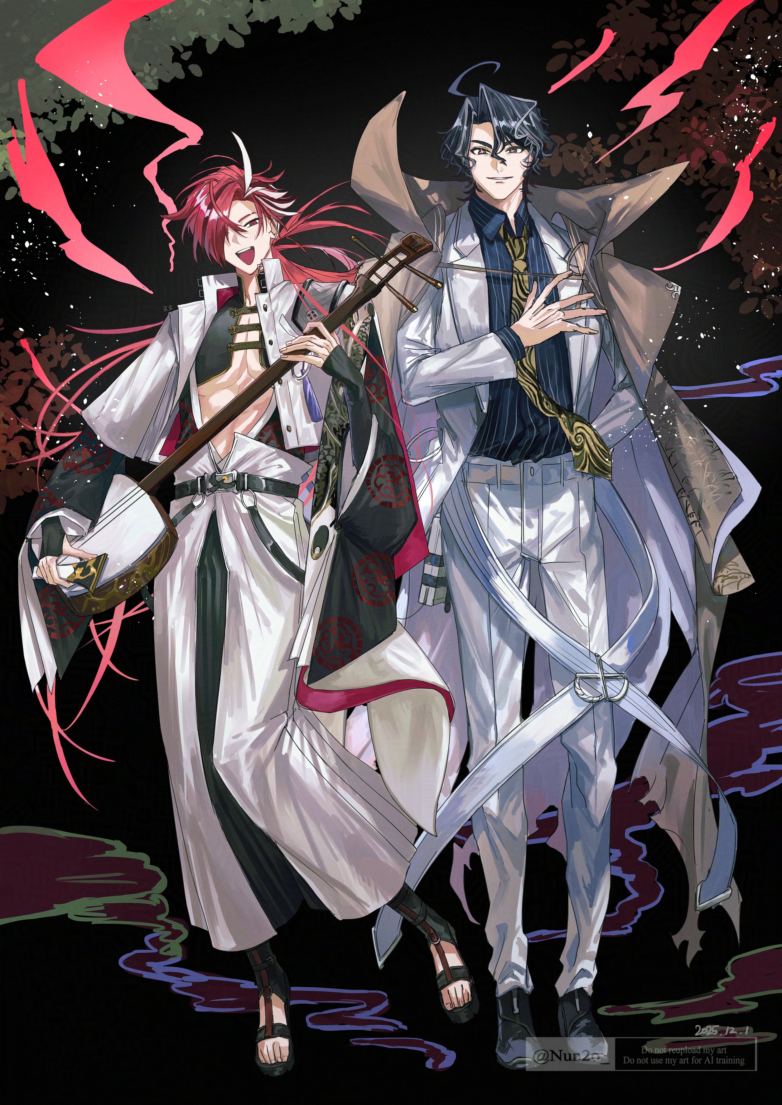 nun2o, takasugi shinsaku (fate), fate/grand order, fate (series), absurdres, highres, 2boys, black hair, black pants, black shirt, black shoes, coat, coat on shoulders, collared coat, collared shirt, dragon print, eyebrow cut, full body, hair over one eye, hakama, hakama pants, hand on own hip, holding, holding instrument, instrument, jacket, japanese clothes, looking at viewer, low ponytail, multicolored hair, multiple boys, nagatekkou, necktie, pants, pectoral cleavage, pectorals, ponytail, popped collar, print necktie, red hair, sandals, shamisen, shirt, shoes, streaked hair, striped clothes, striped shirt, toned, toned male, underpec, vertical-striped clothes, vertical-striped shirt, white hair, white hakama, white jacket, white pants, yellow necktie, yoshida shouin (fate)