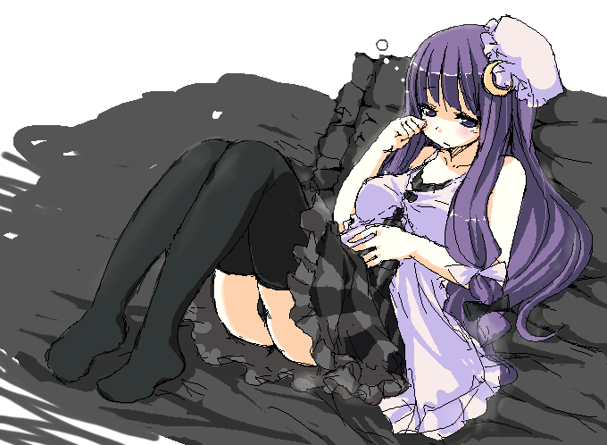 kaneru, patchouli knowledge, touhou, bad id, bad pixiv id, 1girl, black panties, black thighhighs, breasts, dress, female focus, full body, hat, long hair, panties, purple eyes, purple hair, sleepy, solo, thighhighs, underwear, upskirt
