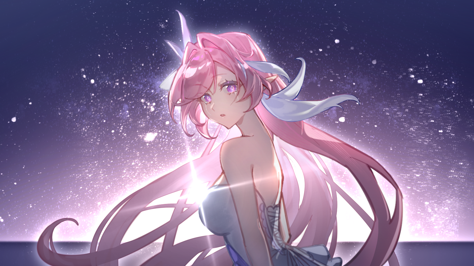 seawave02974, elysia (herrscher of human: ego) (honkai impact), elysia (honkai impact), honkai (series), honkai impact 3rd, chinese commentary, commentary request, highres, procreate (medium), bare shoulders, breasts, dress, from side, hair ornament, large breasts, looking at viewer, multicolored hair, parted lips, sky, star (sky), starry sky, two-tone hair, white dress, white hair
