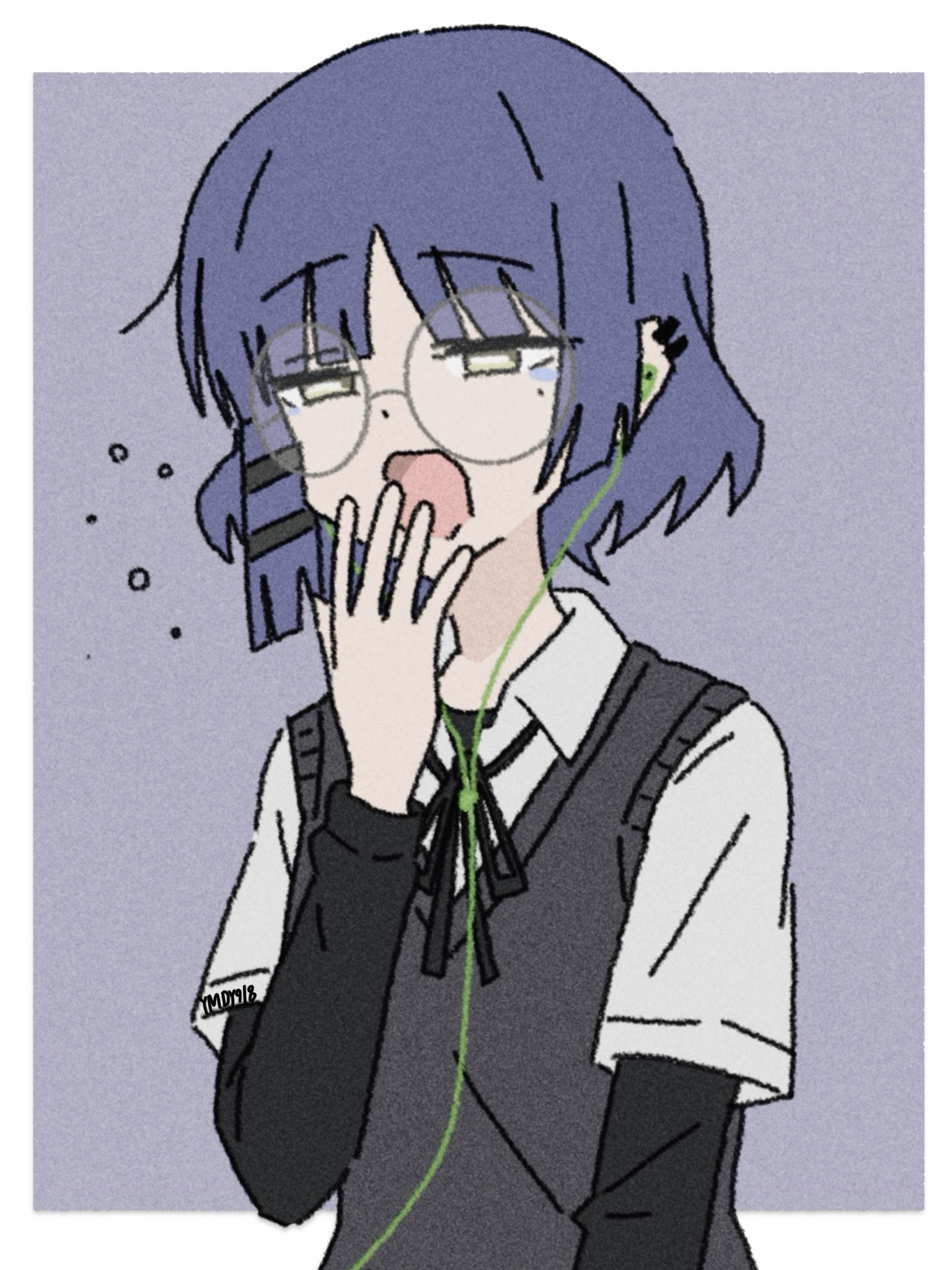 yamada ryo, bocchi the rock!, commentary, english commentary, highres, 1girl, alternate costume, asymmetrical hair, black ribbon, blue background, blue hair, collared shirt, covering own mouth, ear piercing, earbuds, earphones, film grain, glasses, grey sweater vest, hand over own mouth, layered sleeves, long sleeves, medium hair, neck ribbon, no pupils, open mouth, piercing, ribbon, round eyewear, shirt, short over long sleeves, short sleeves, simple background, solo, standing, sweater vest, tearing up, upper body, white shirt, yawning, yellow eyes, ymdy918