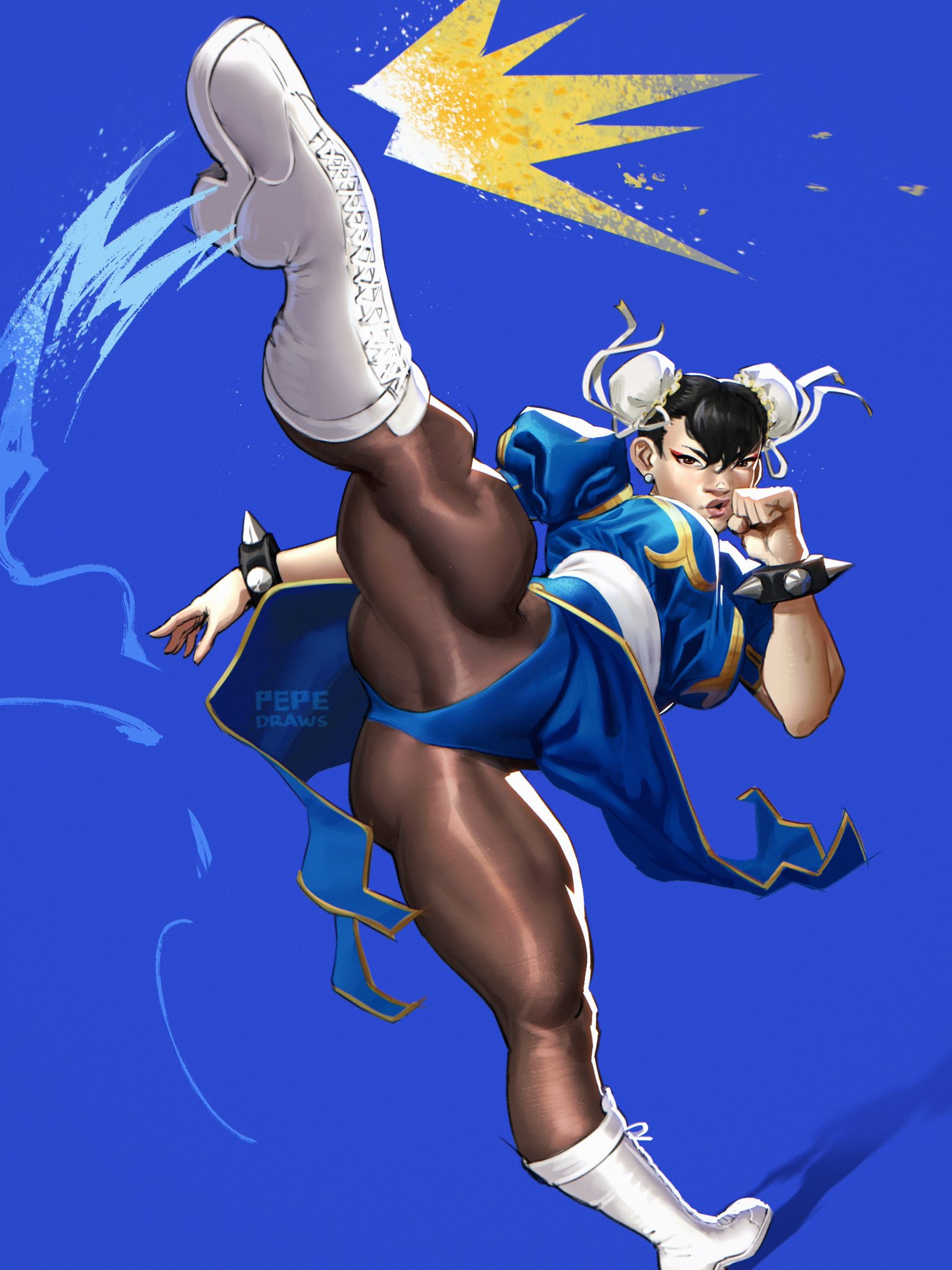 pepedraws, chun-li, capcom, street fighter, commentary, english commentary, highres, 1girl, artist name, black eyes, black hair, blue background, blue dress, blue panties, boots, bracelet, breasts, brown pantyhose, bun cover, china dress, chinese clothes, double bun, dress, earrings, eyeshadow, floating clothes, groin tendon, hair bun, jewelry, kicking, large breasts, looking at viewer, looking up, makeup, panties, pantyhose, puffy short sleeves, puffy sleeves, red eyeshadow, short sleeves, solo, sphere earrings, spiked bracelet, spikes, thick thighs, thighs, underwear, white boots