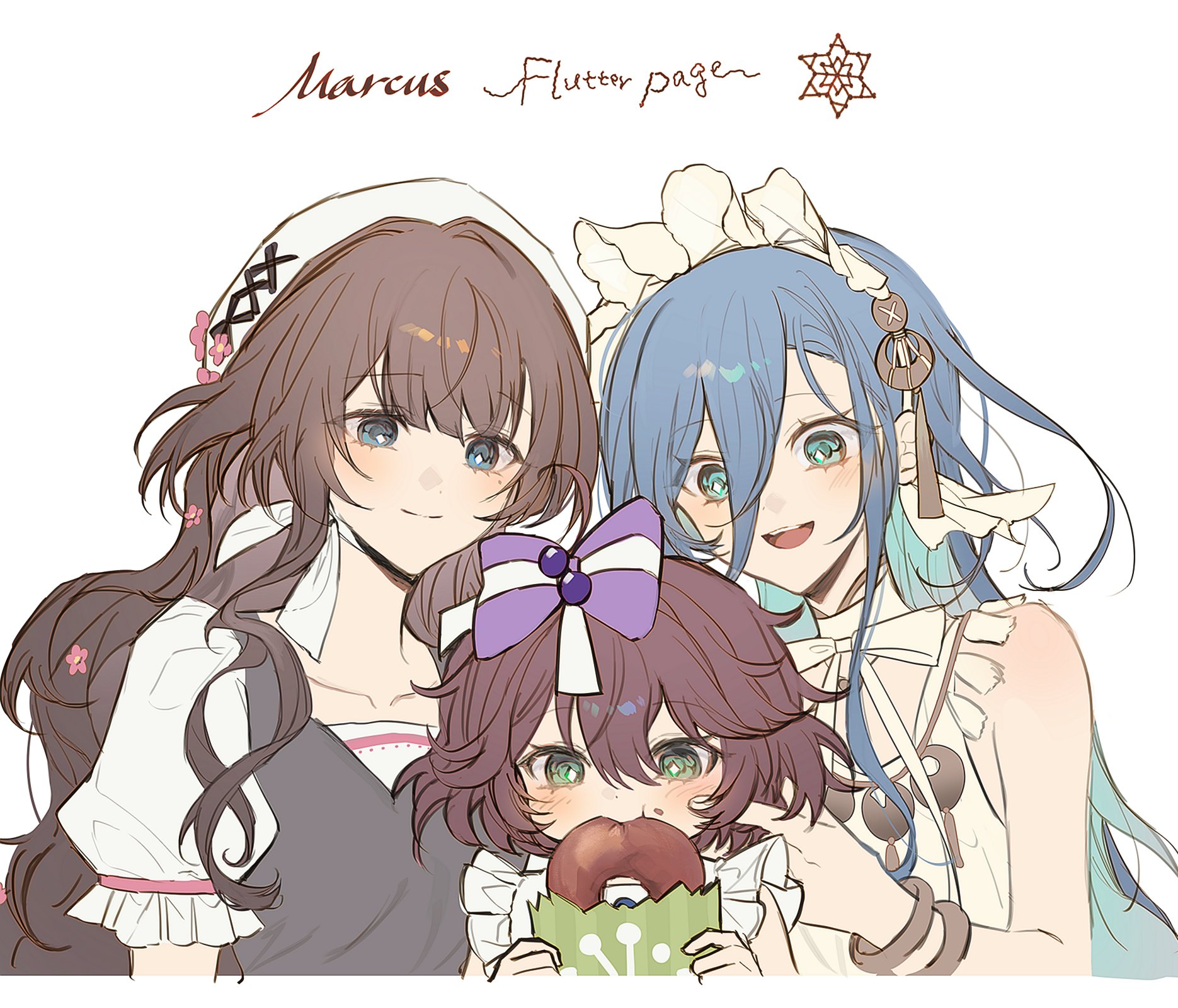 sp0i0ppp, 37 (naisnow) (reverse:1999), 37 (reverse:1999), flutterpage, flutterpage (naisnow), marcus (naisnow) (reverse:1999), marcus (reverse:1999), reverse:1999, hashtag-only commentary, highres, 3girls, bagel, bare shoulders, beret, blue eyes, blue hair, bow, brown hair, character name, closed mouth, eating, flower, food, food on face, grey vest, hair between eyes, hair bow, hair flower, hair ornament, hand on another's face, hands up, hat, hexagram, holding, holding food, long hair, looking at another, looking down, mole, mole under eye, multiple girls, neck ribbon, official alternate costume, open mouth, pink flower, puffy short sleeves, puffy sleeves, purple bow, ribbon, shirt, short hair, short sleeves, signature, sleeveless, sleeveless shirt, smile, upper body, very long hair, vest, white background, white hat, white ribbon, white shirt