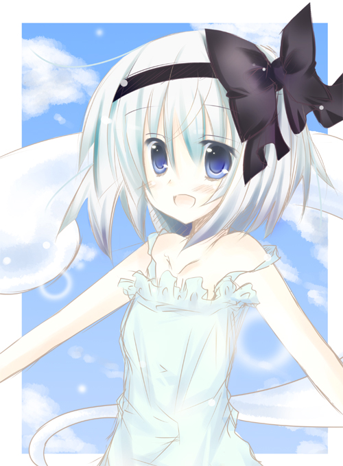 kurata eins, kurata yumi, konpaku youmu, konpaku youmu (ghost), touhou, silver hair, bad id, bad pixiv id, 1girl, blue eyes, blush, bow, female focus, hairband, hitodama, open mouth, outstretched arms, short hair, sketch, smile, solo, spread arms, upper body